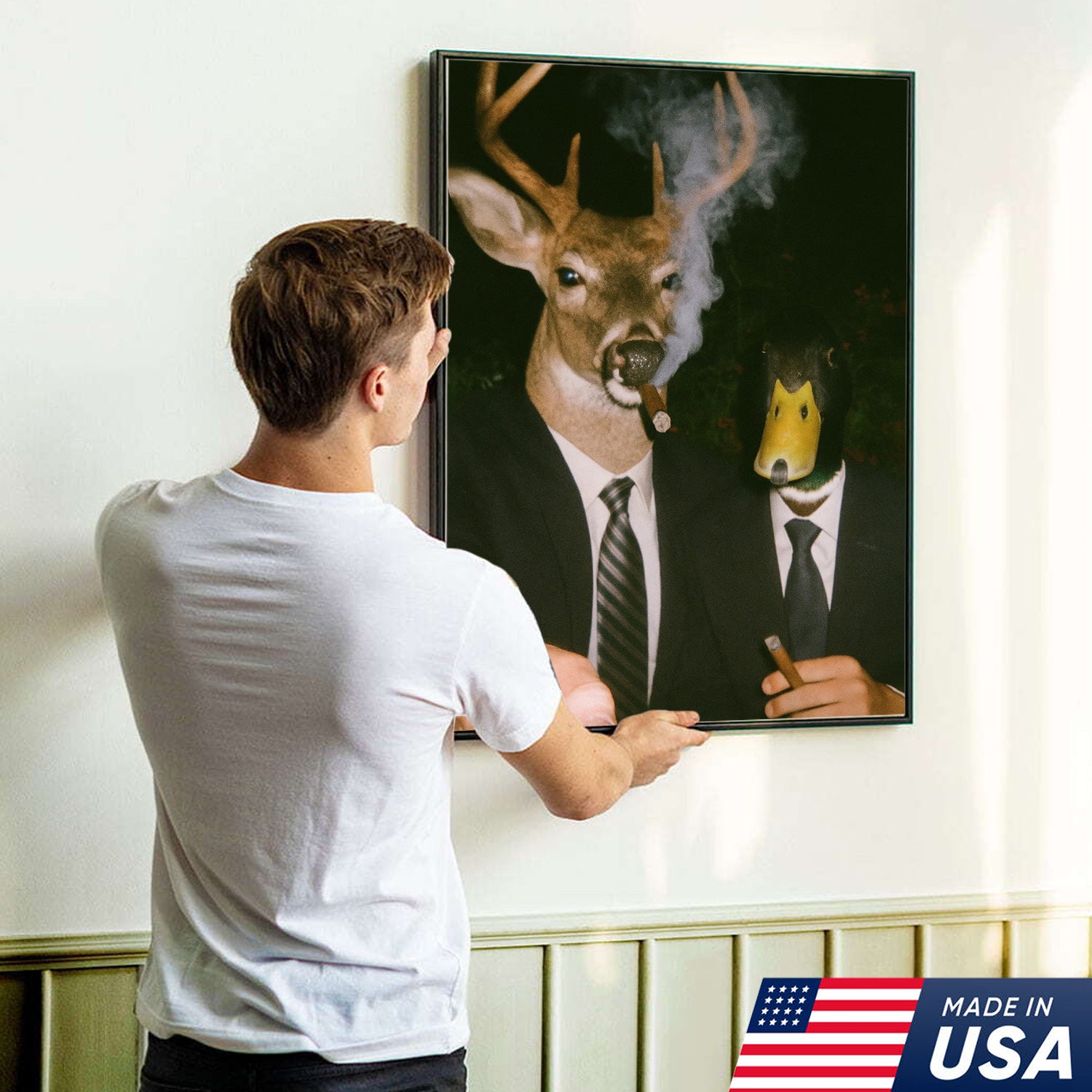 Funny Deer and Duck Canvas Wall Art - Hilarious Animal Duo in Suits - Unique Wildlife Artwork for Home Decor