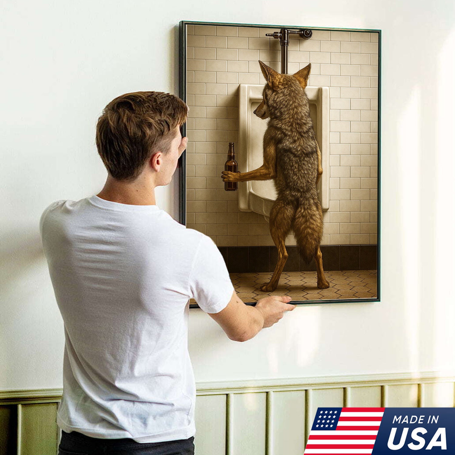 Hilarious Coyote Canvas Wall Art – Funny Bathroom Humor Decor – Rustic Hunting Cabin Gag Gift – Quirky Lodge Animal Artwork
