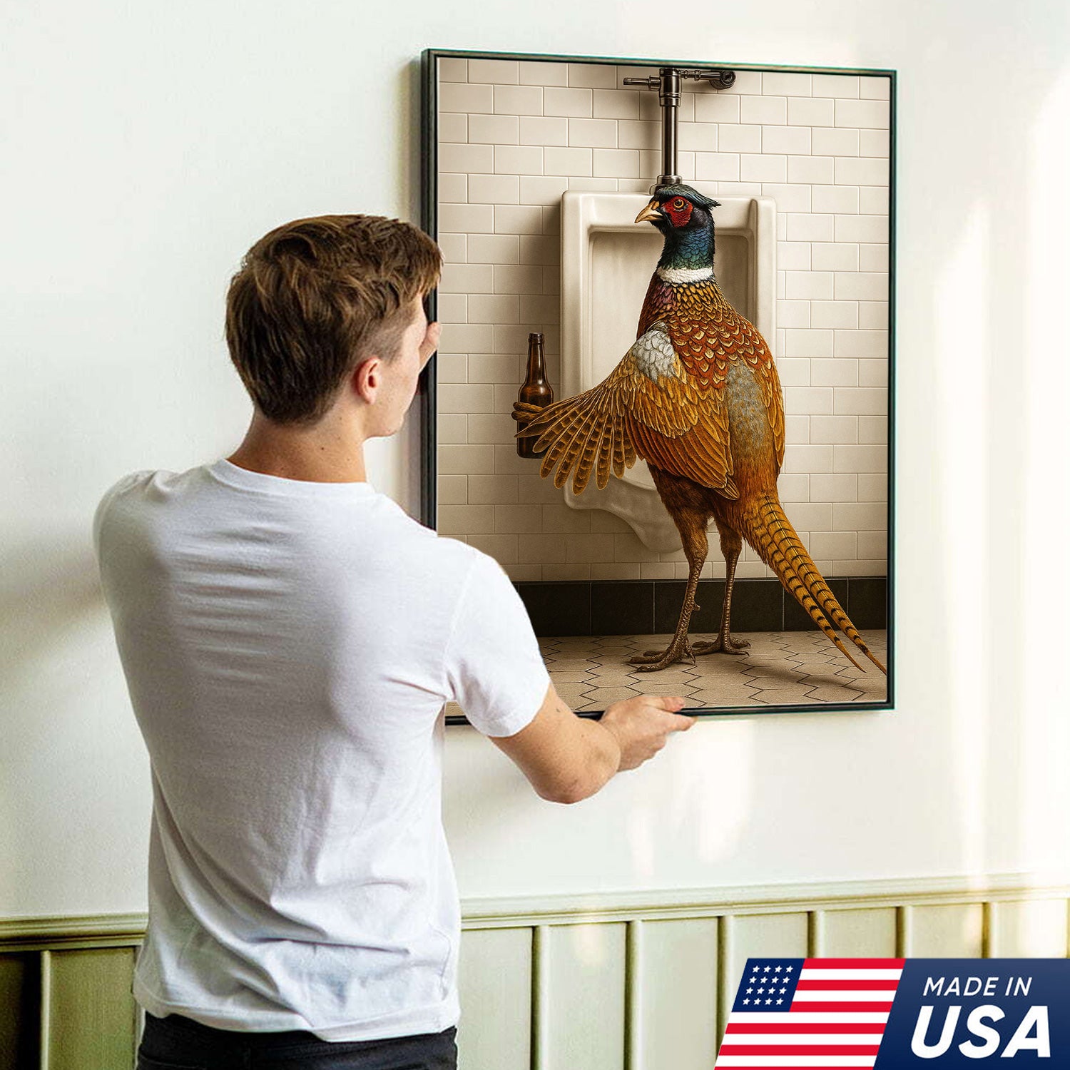 Funny Pheasant Canvas Wall Art – Hilarious Bathroom Humor Decor – Rustic Hunting Cabin Gag Gift – Quirky Lodge Animal Artwork