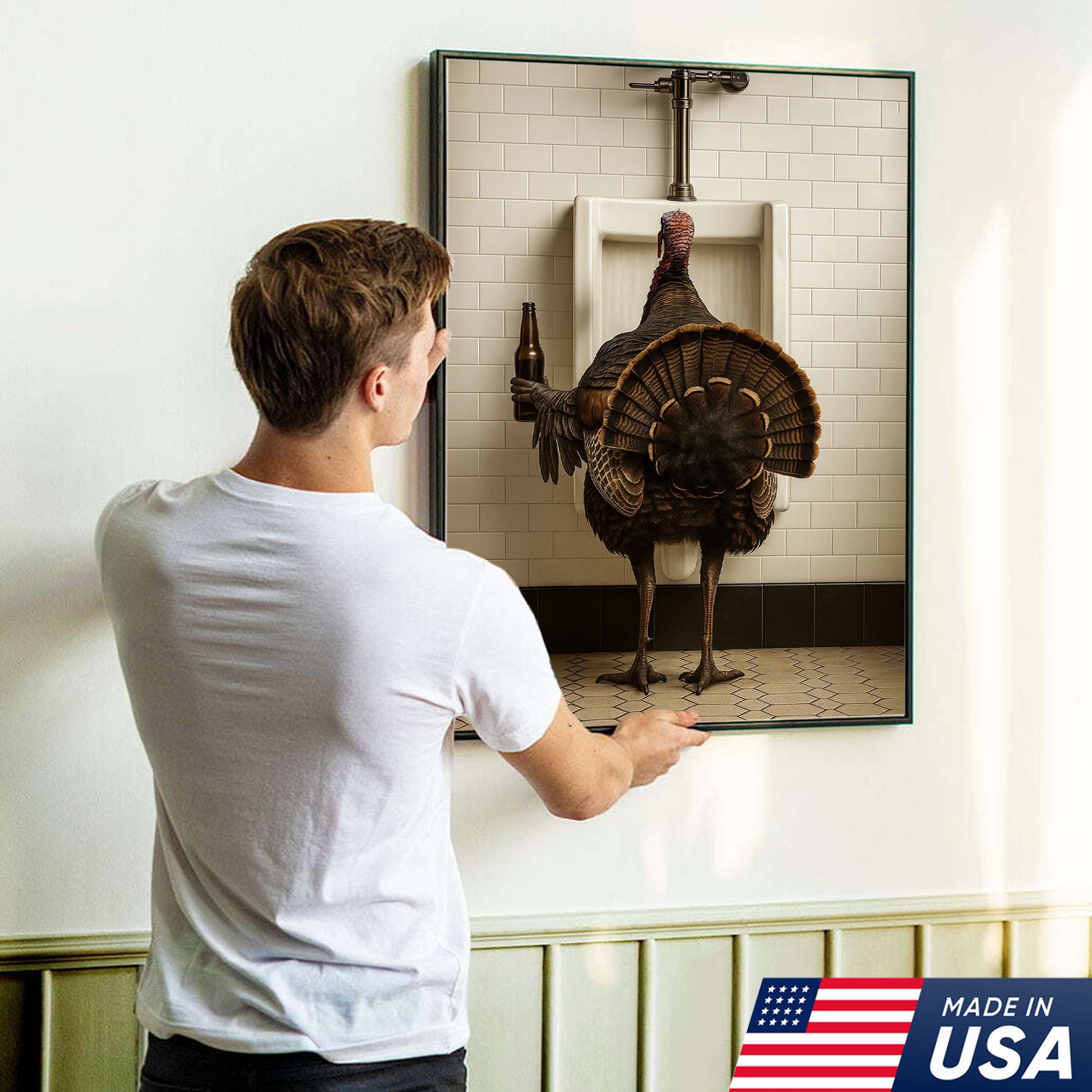 Hilarious Turkey Canvas Wall Art – Funny Bathroom Humor Decor – Rustic Hunting Cabin Gag Gift – Quirky Lodge Farmhouse Animal Artwork