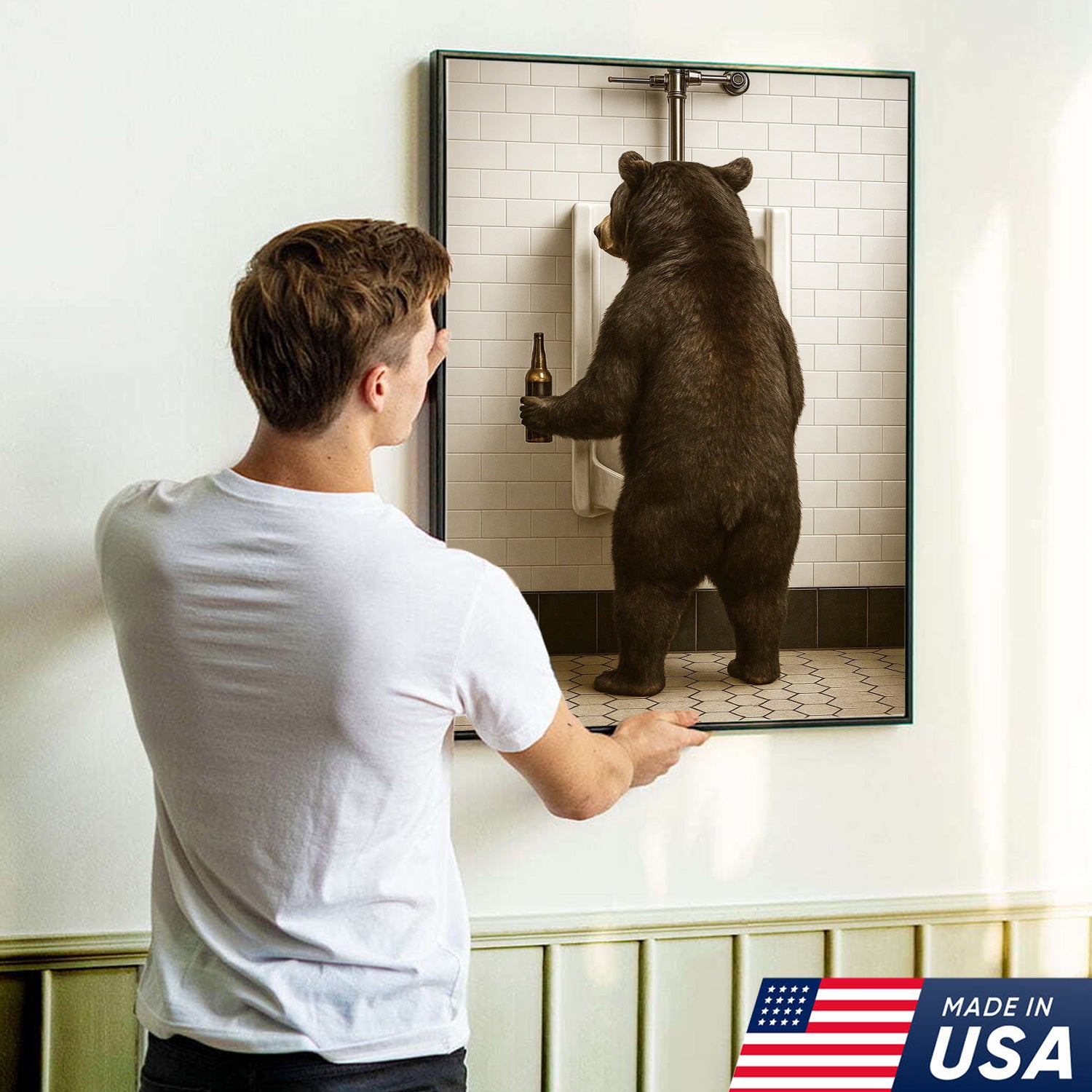 Funny Black Bear Canvas Wall Art – Hilarious Bathroom Humor Decor – Rustic Cabin Lodge Gag Gift – Quirky Hunting Camp Animal Artwork