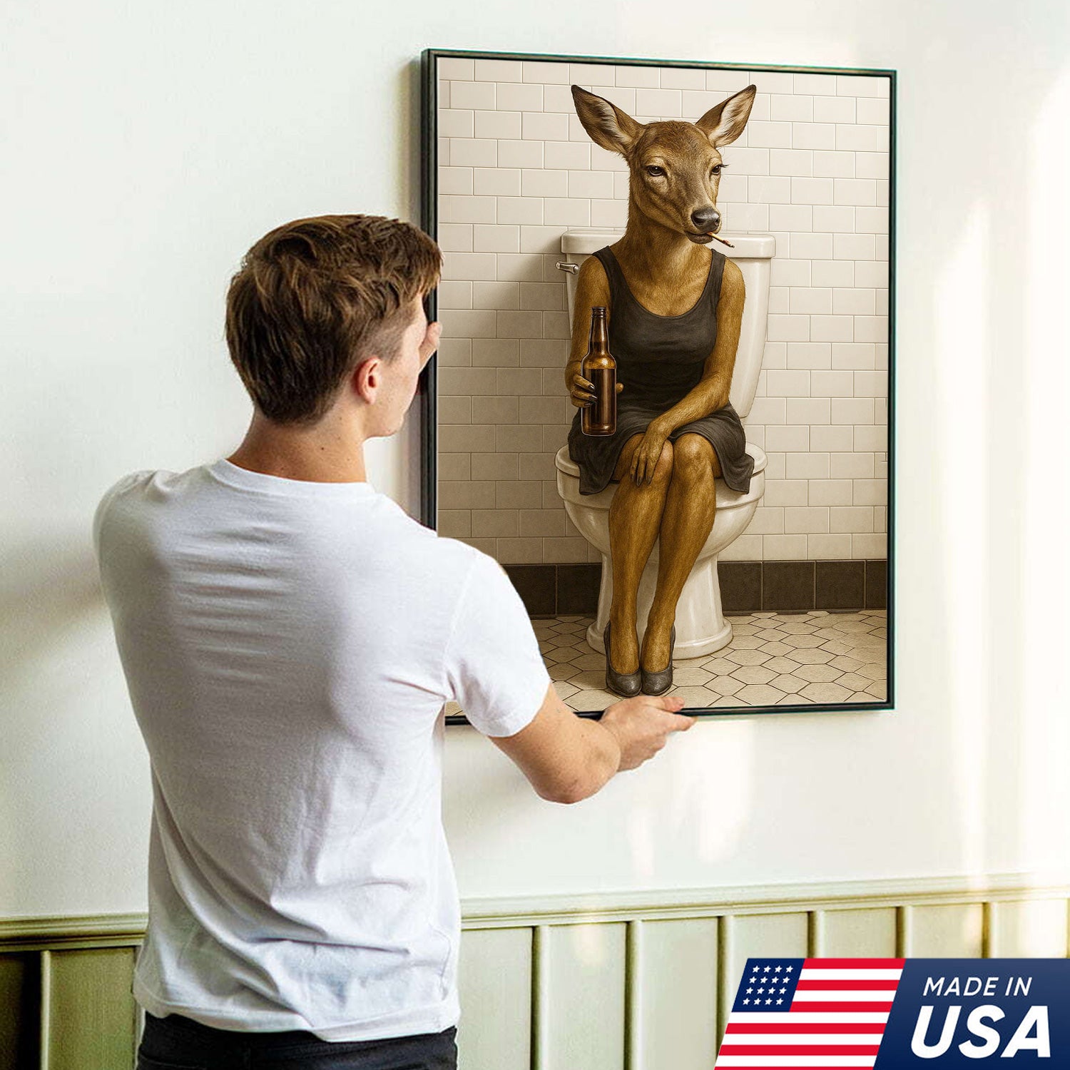 Funny Doe Canvas Wall Art – Hilarious Bathroom Humor Decor – Rustic Cabin Lodge Gag Gift