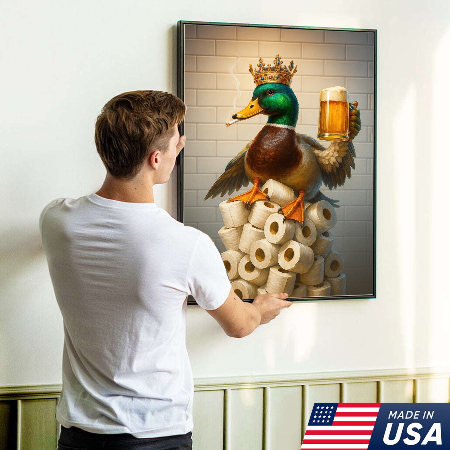 Royal Duck Canvas Wall Art - Funny Bathroom Decor with Crown and Beer - Rustic Wildlife Lodge Print