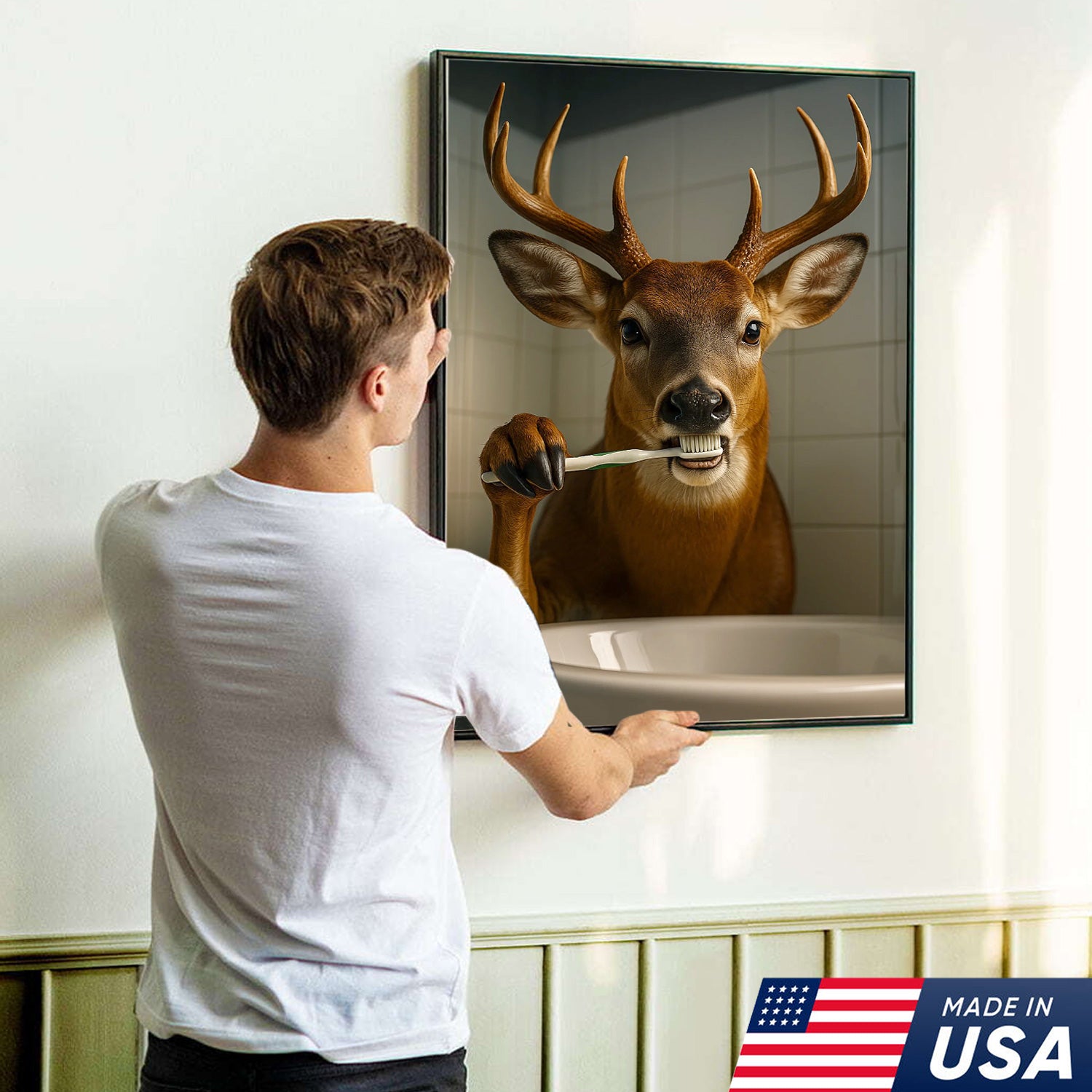 Deer Canvas Wall Art – Funny Buck Brushing Teeth Unique Bathroom Decor for Hunters