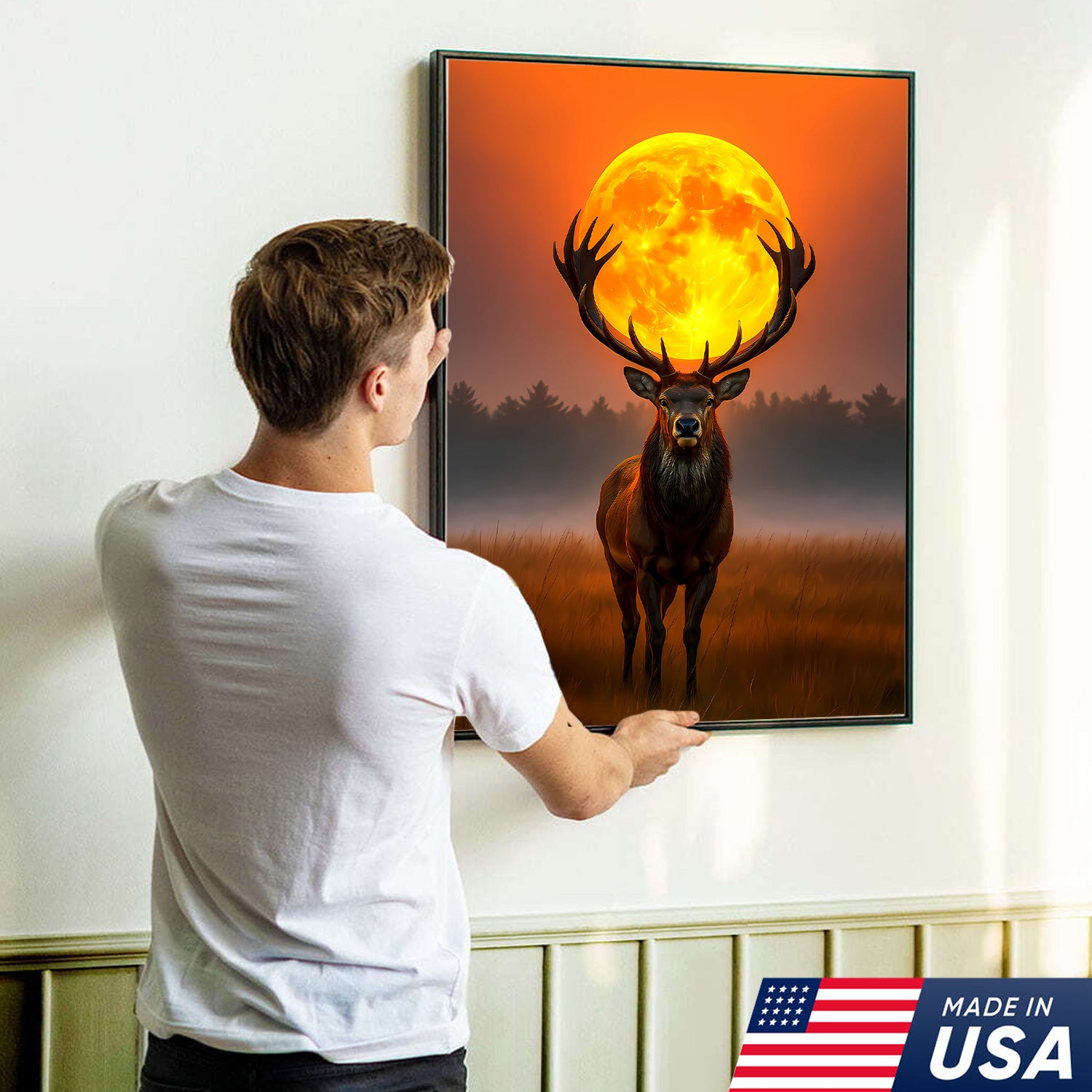 Majestic Elk Full Moon Canvas Wall Art – Hunting Cabin Decor Gift for Hunters