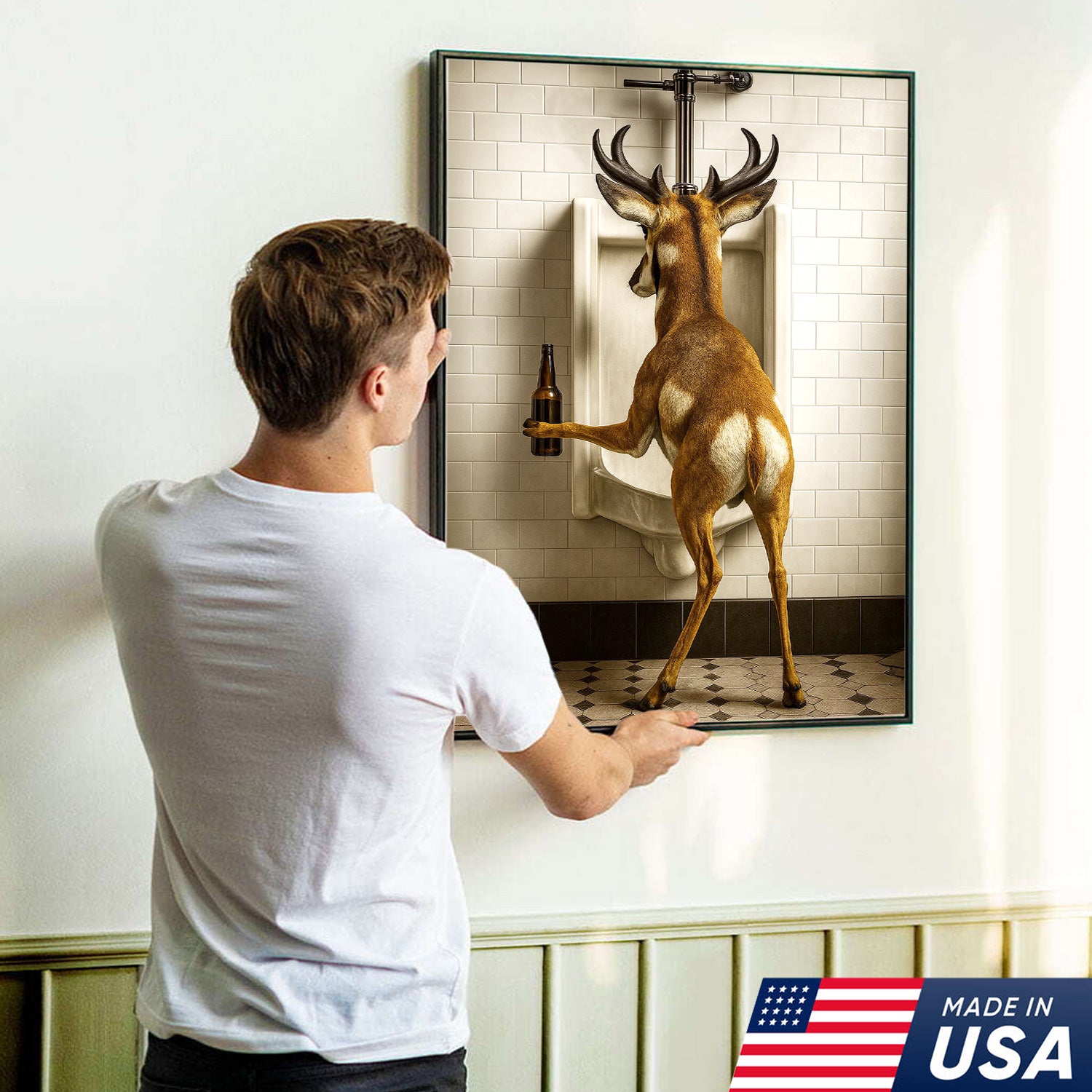 Funny Pronghorn Canvas Wall Art - Rustic Bathroom Lodge Decor for Hunters - Unique Wildlife Cabin Print