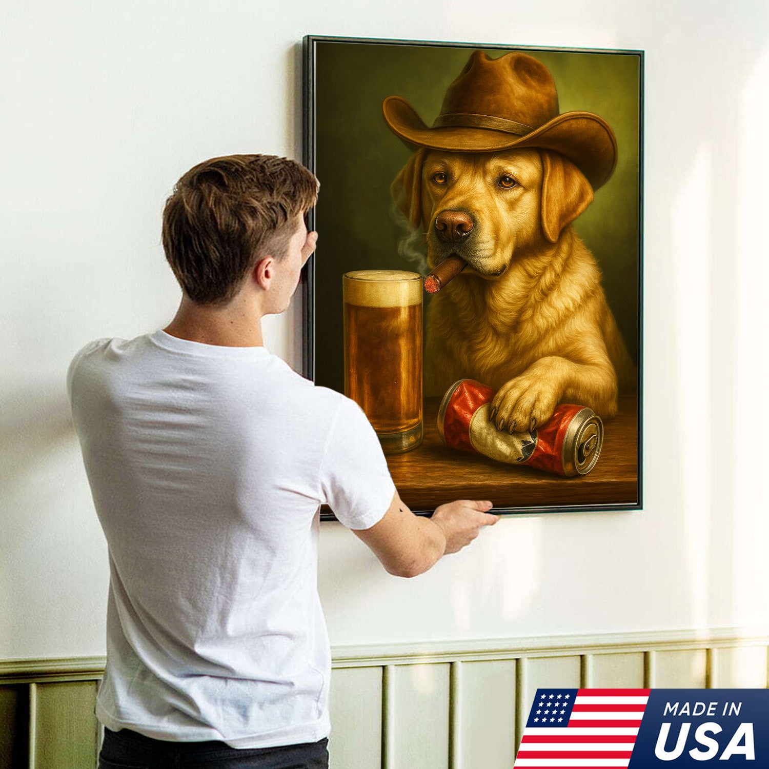 Funny Cowboy Dog Wall Art – Funny Beer & Smoking Canvas For Hunters, Bar & Man Cave Decor