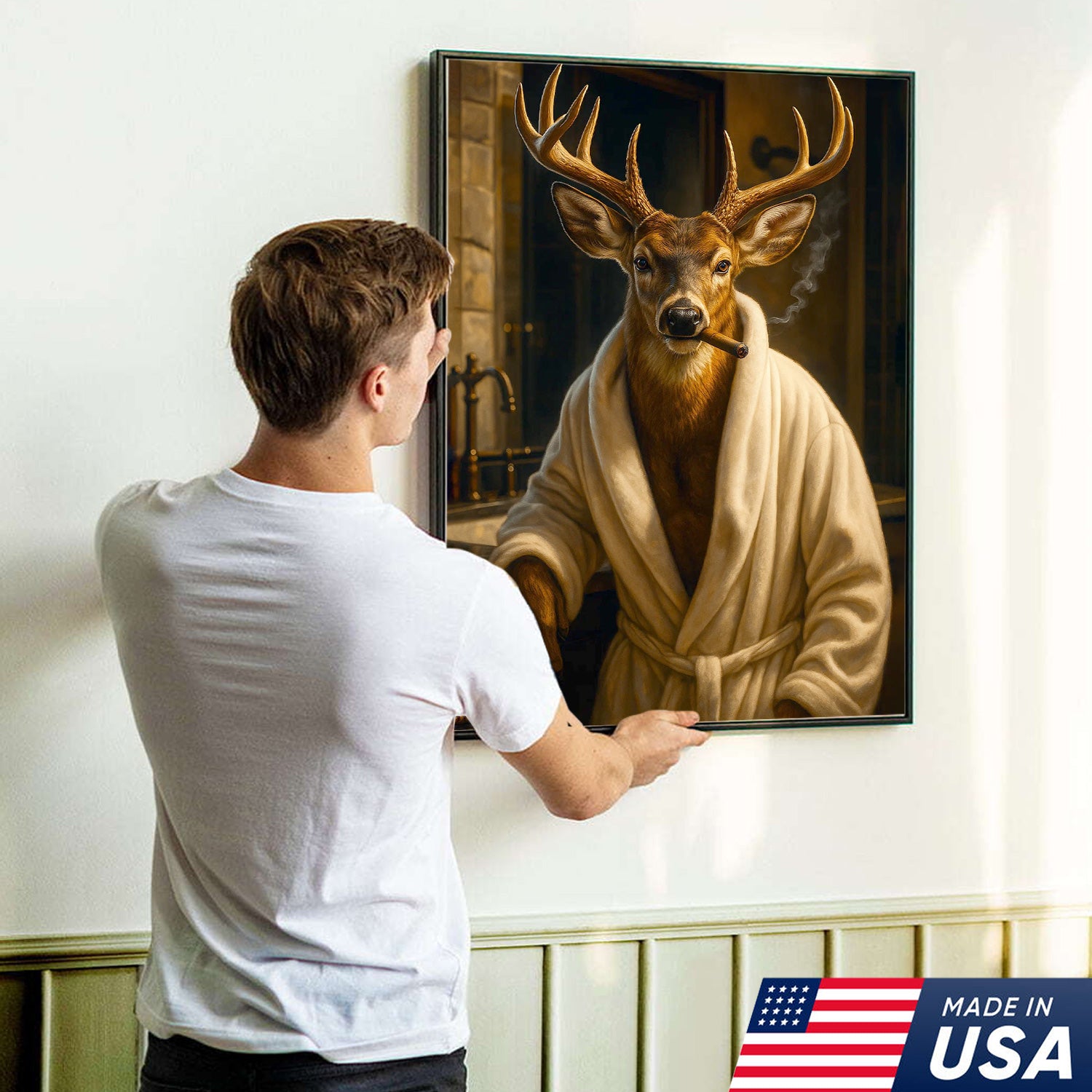 Deer Canvas Wall Art – Stylish Buck in Bathrobe Smoking Cigar Rustic Bathroom Decor for Hunters