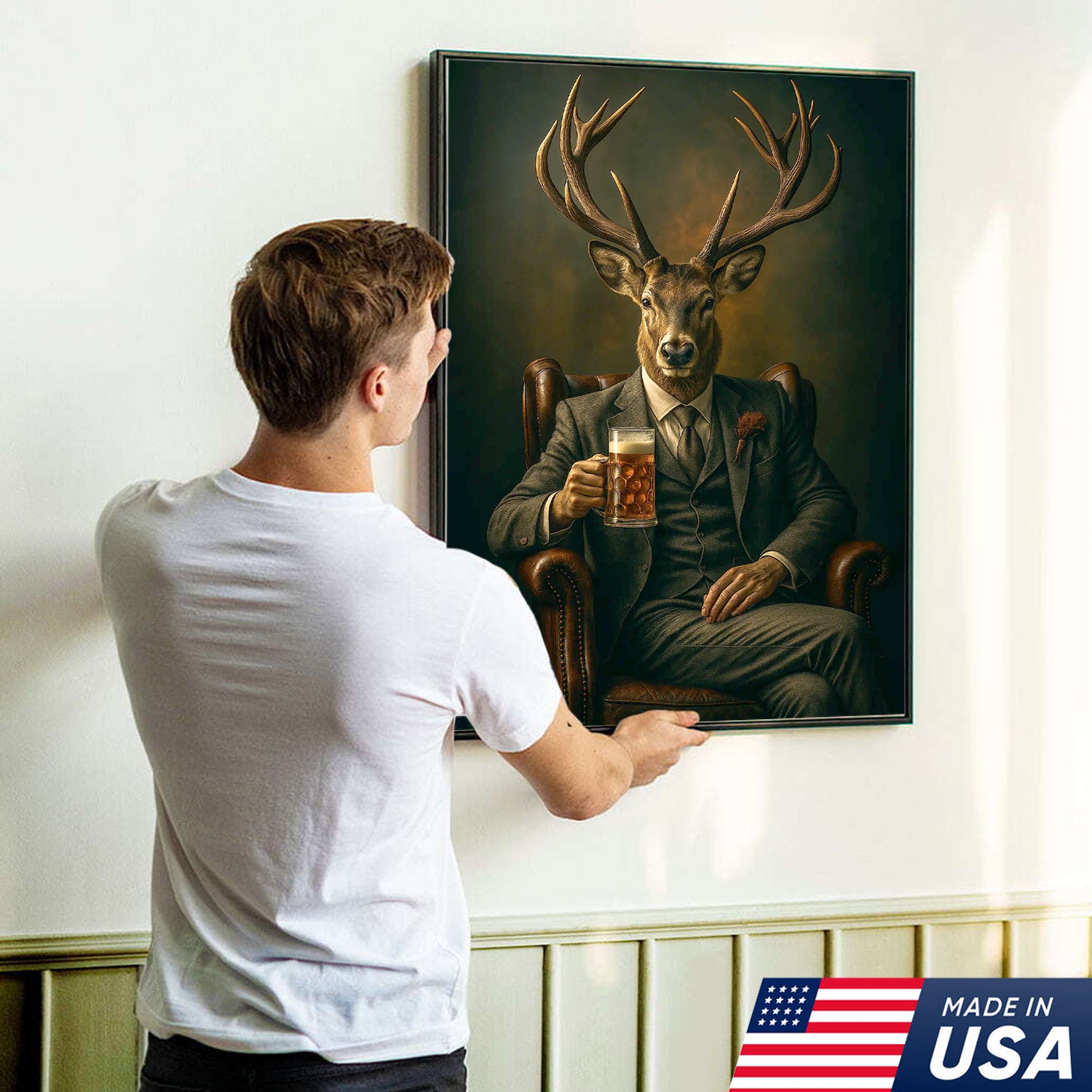Deer Canvas Wall Art – Sophisticated Buck in Suit Holding Beer Rustic Lodge Decor for Hunters