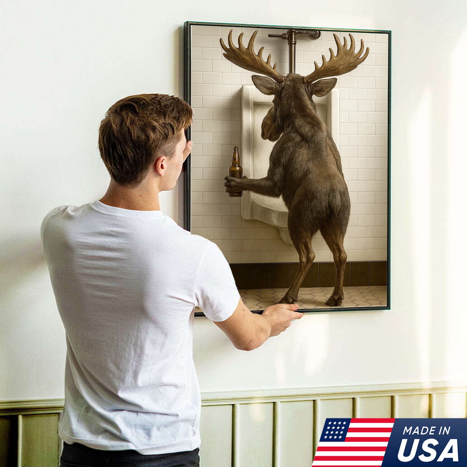 Moose Bathroom Canvas Wall Art - Funny Rustic Lodge Decor for Cabin and Hunting Enthusiasts - Wildlife Humor Print