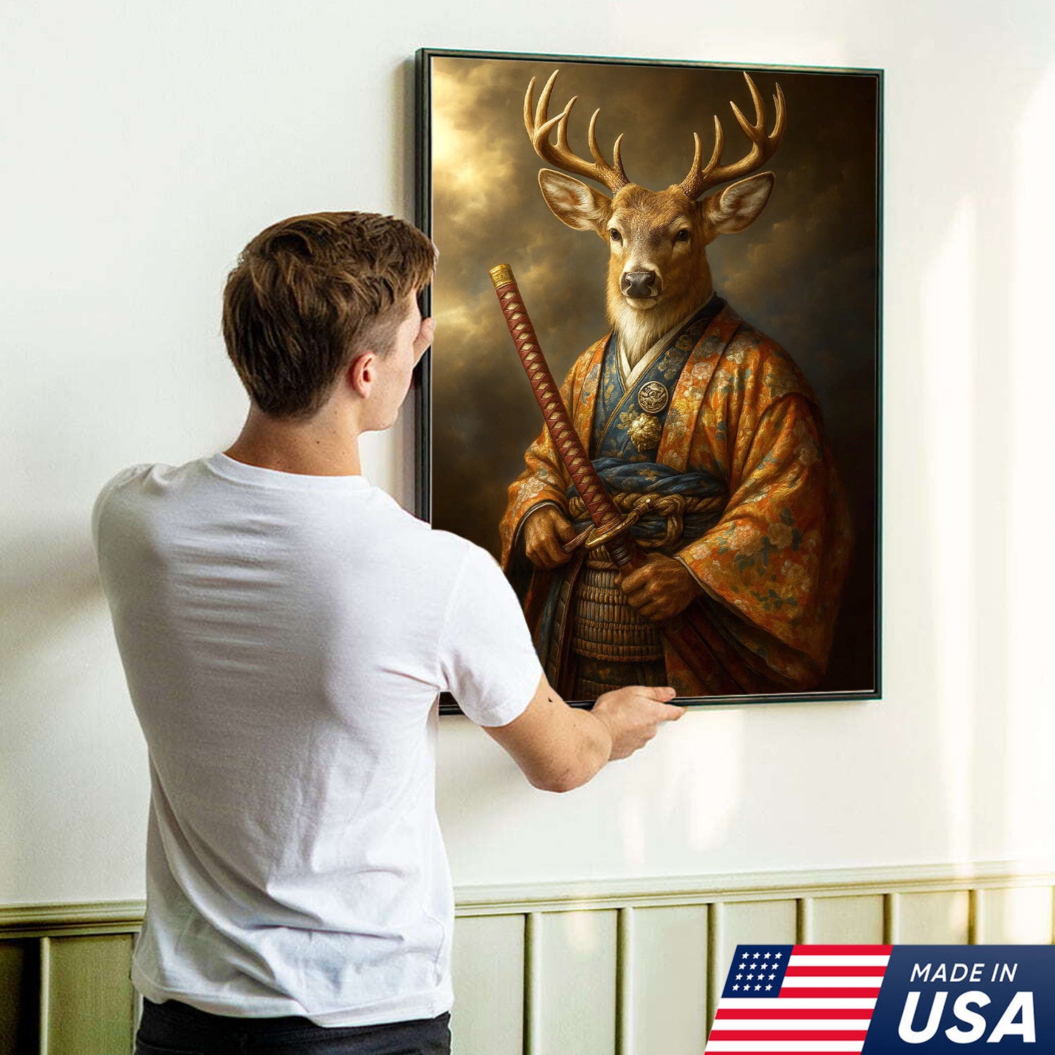 Deer Canvas Wall Art – Majestic Samurai Buck with Katana Warrior Rustic Lodge Decor