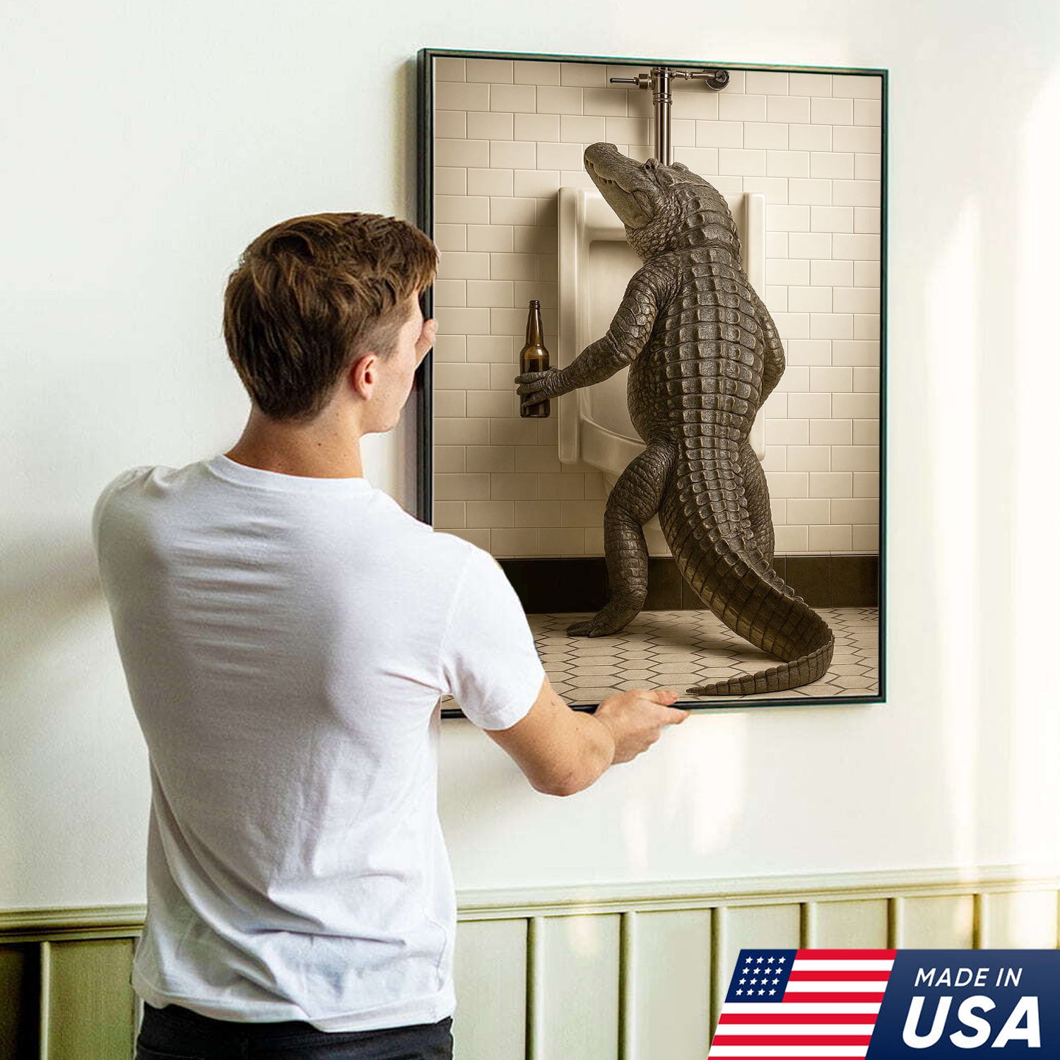 Alligator Bathroom Canvas Wall Art - Funny Rustic Lodge Decor for Cabin, Bar, and Wildlife Lovers - Unique Gator Print