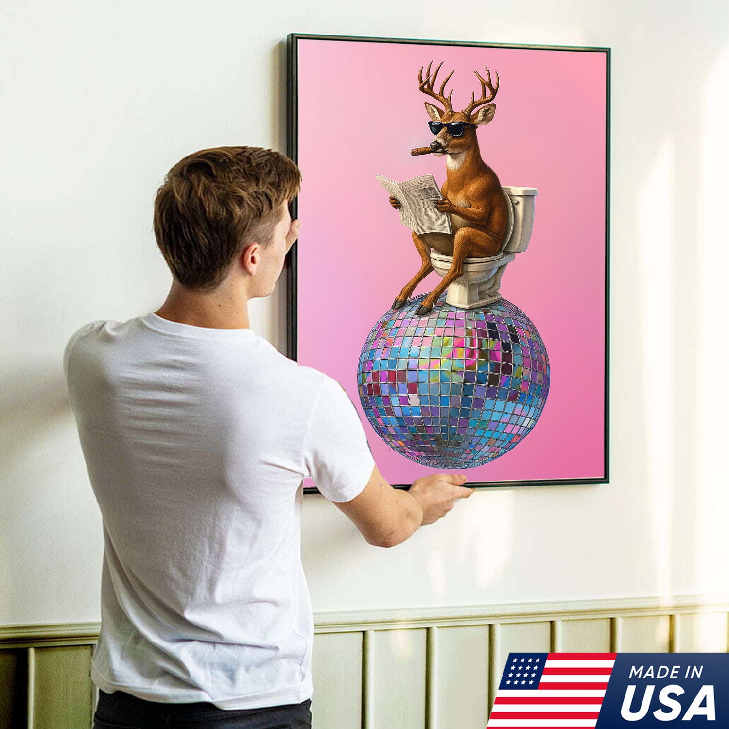 Deer Canvas Wall Art – Funny Buck Reading Newspaper on Toilet with Disco Ball Unique Bathroom Decor