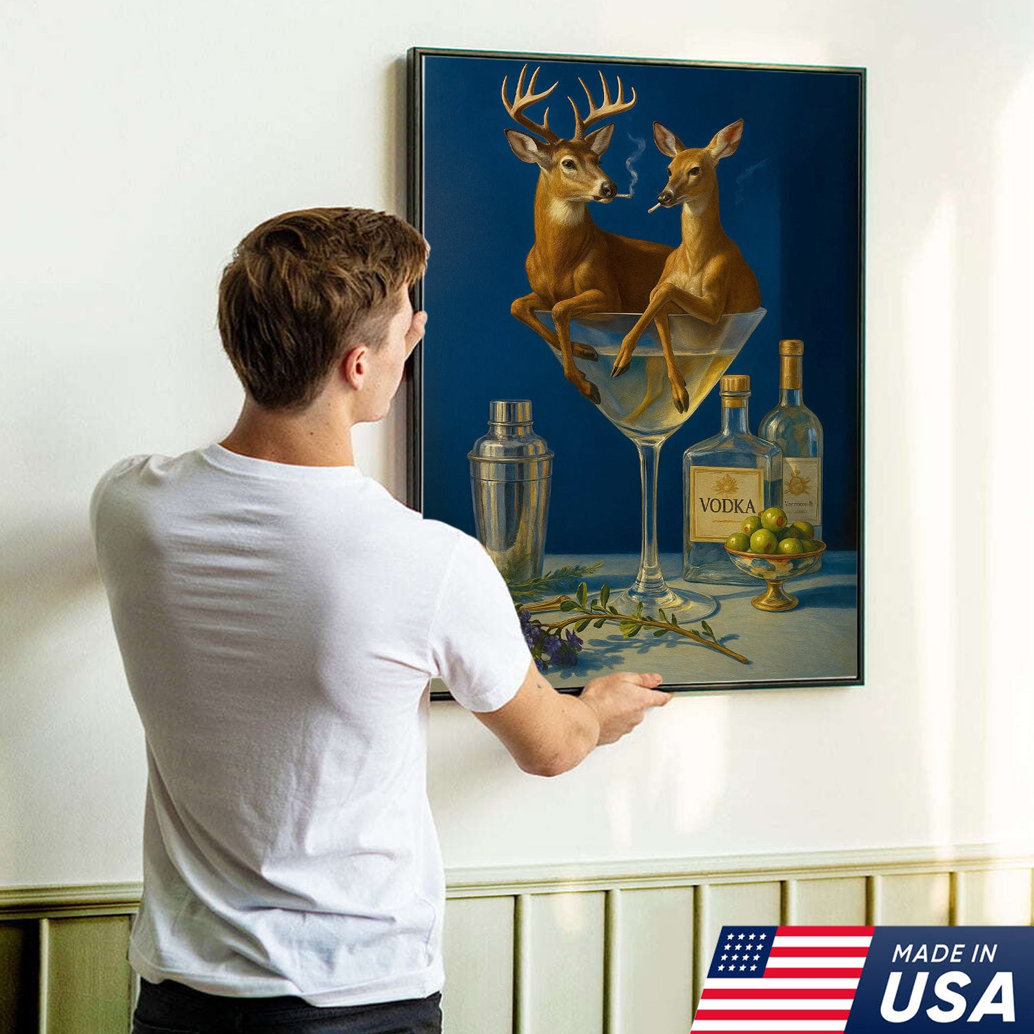 Funny Deer Couple Wall Art Canvas – Whimsical Buck and Doe in Martini Glass – Rustic Lodge Hunting Decor for Home Bar