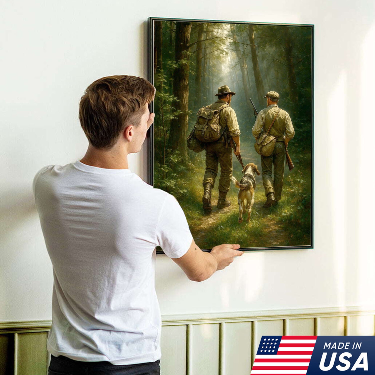 Hunting Canvas Wall Art – Hunters Walking with Dog in Forest – Rustic Cabin Decor for Lodge and Outdoor Enthusiasts