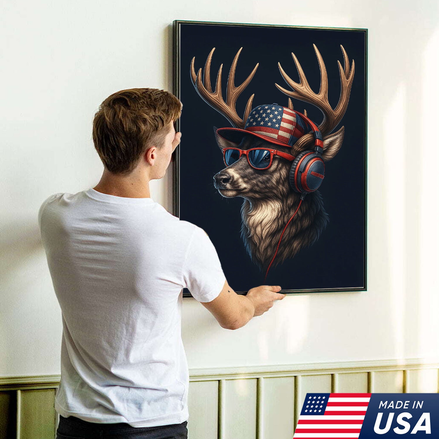 Patriotic Deer Wall Art Canvas – Cool Buck with American Flag Hat and Headphones – Rustic Hunting Lodge Decor USA