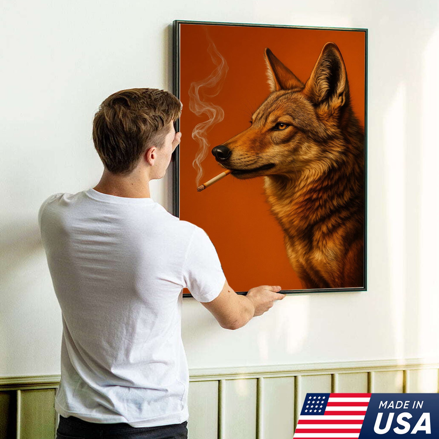 Coyote Canvas Wall Art – Rustic Wildlife Decor – Hunting Cabin Artwork – Mountain Lodge Wall Hanging – Woodland Nature Animal Print