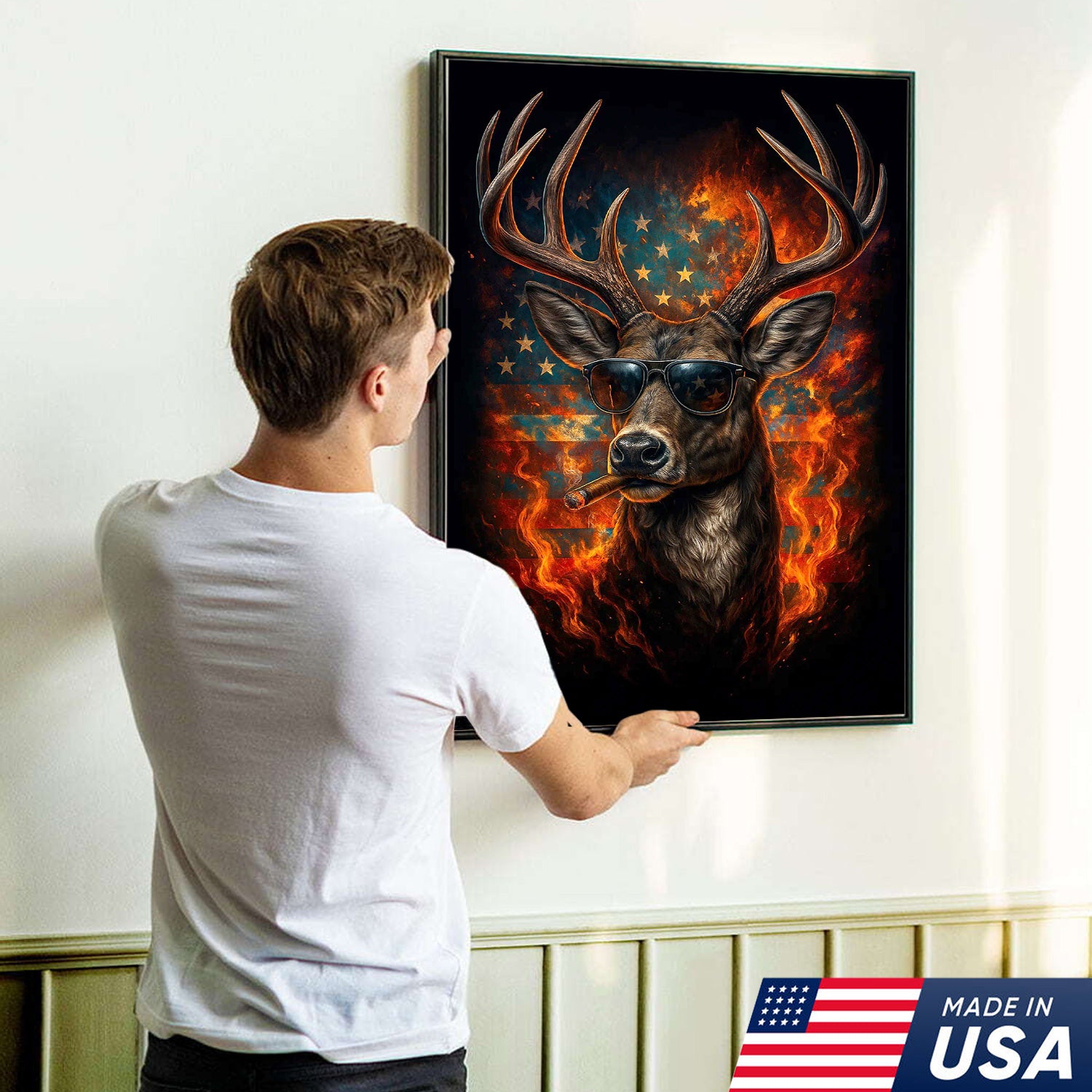 Patriotic Deer Wall Art Canvas – Cool Buck with Sunglasses and American Flag – Rustic Hunting Lodge Decor USA