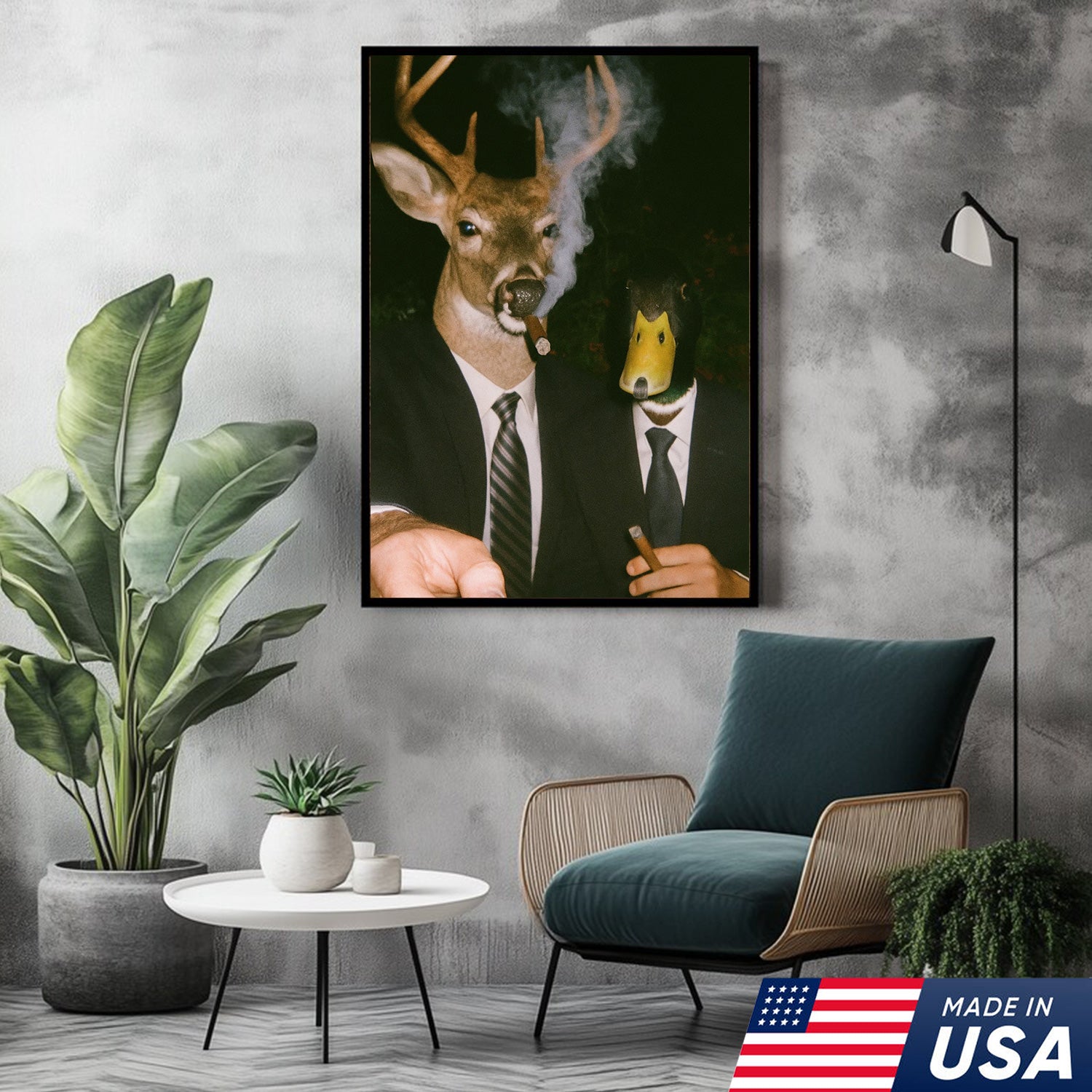 Funny Deer and Duck Canvas Wall Art - Hilarious Animal Duo in Suits - Unique Wildlife Artwork for Home Decor