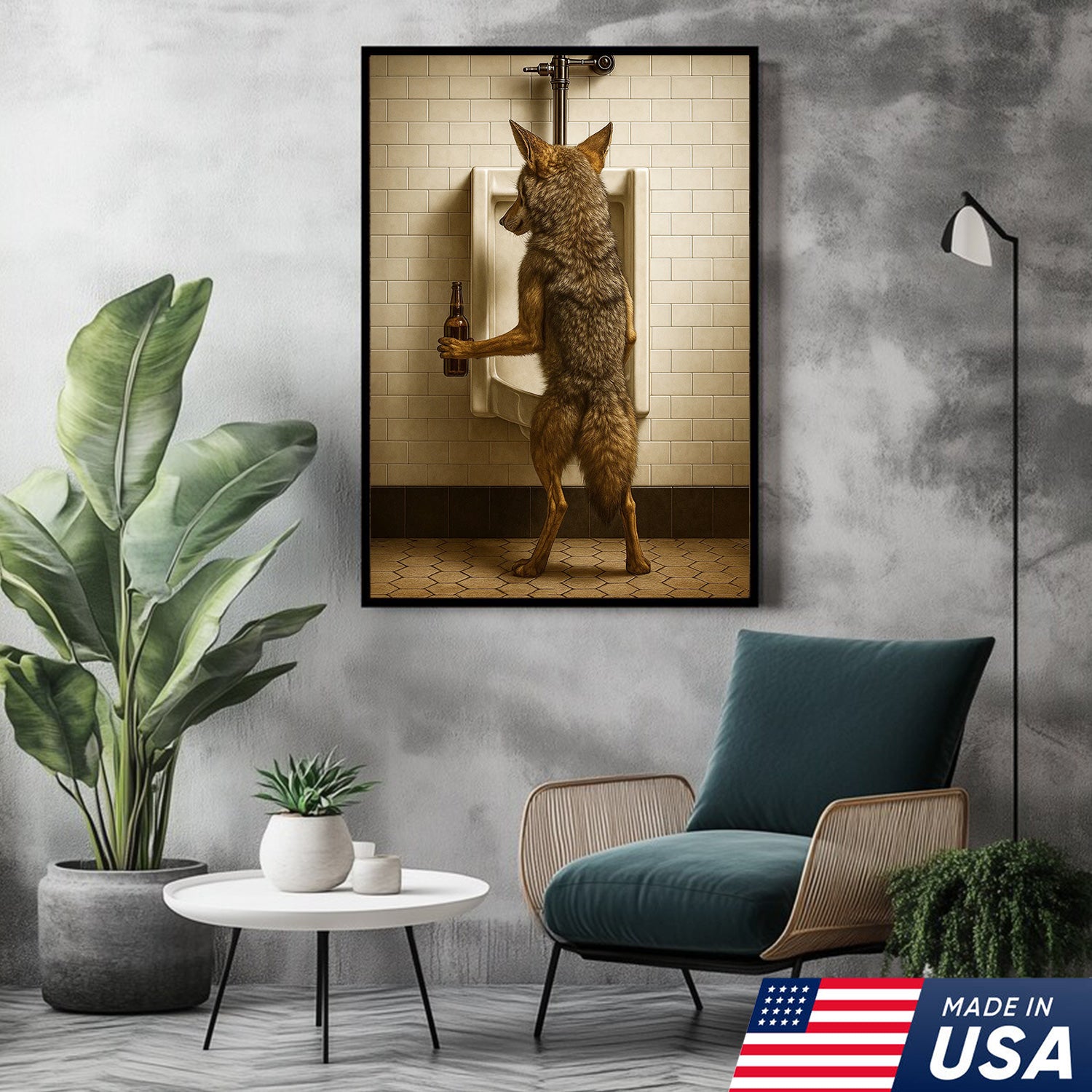 Hilarious Coyote Canvas Wall Art – Funny Bathroom Humor Decor – Rustic Hunting Cabin Gag Gift – Quirky Lodge Animal Artwork