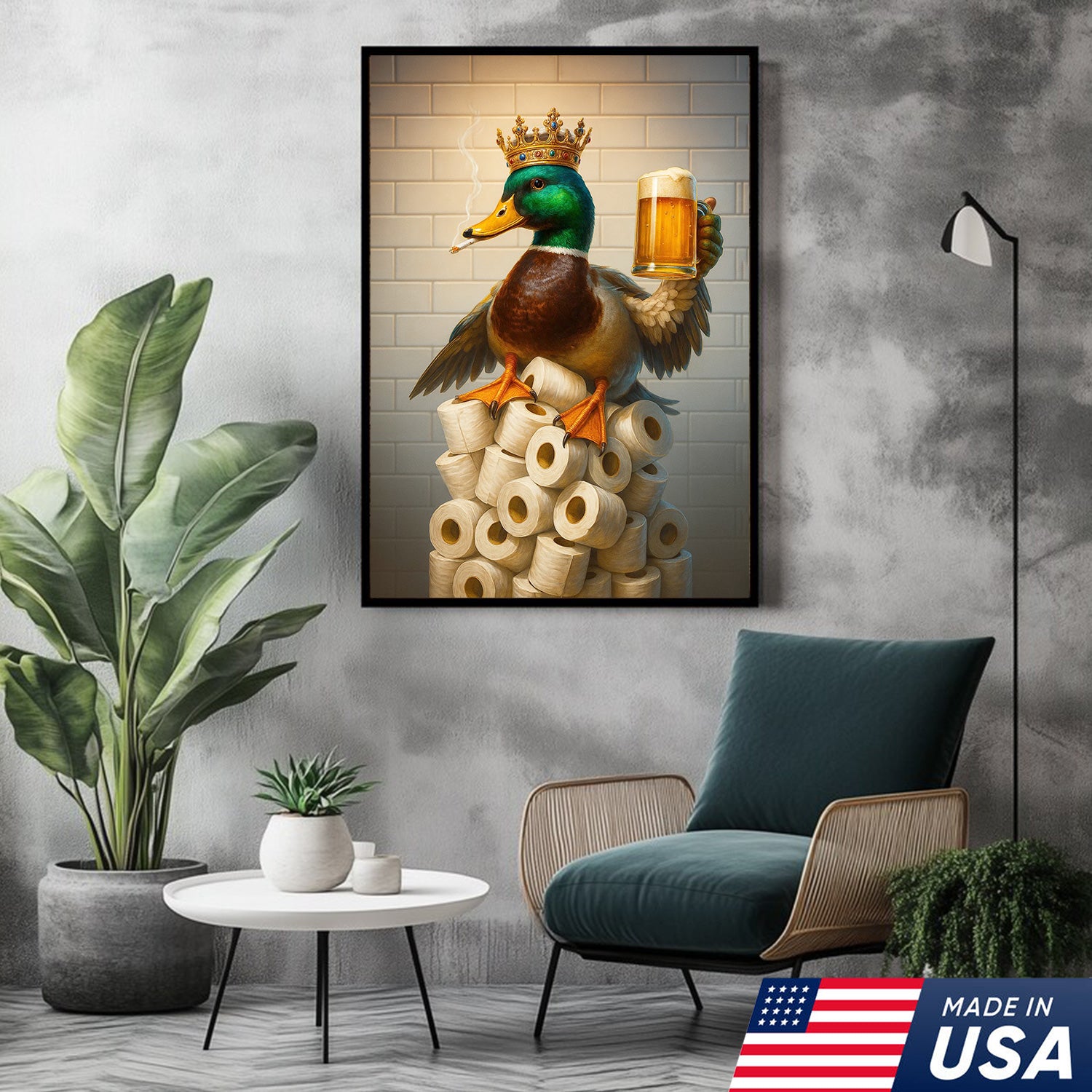 Royal Duck Canvas Wall Art - Funny Bathroom Decor with Crown and Beer - Rustic Wildlife Lodge Print