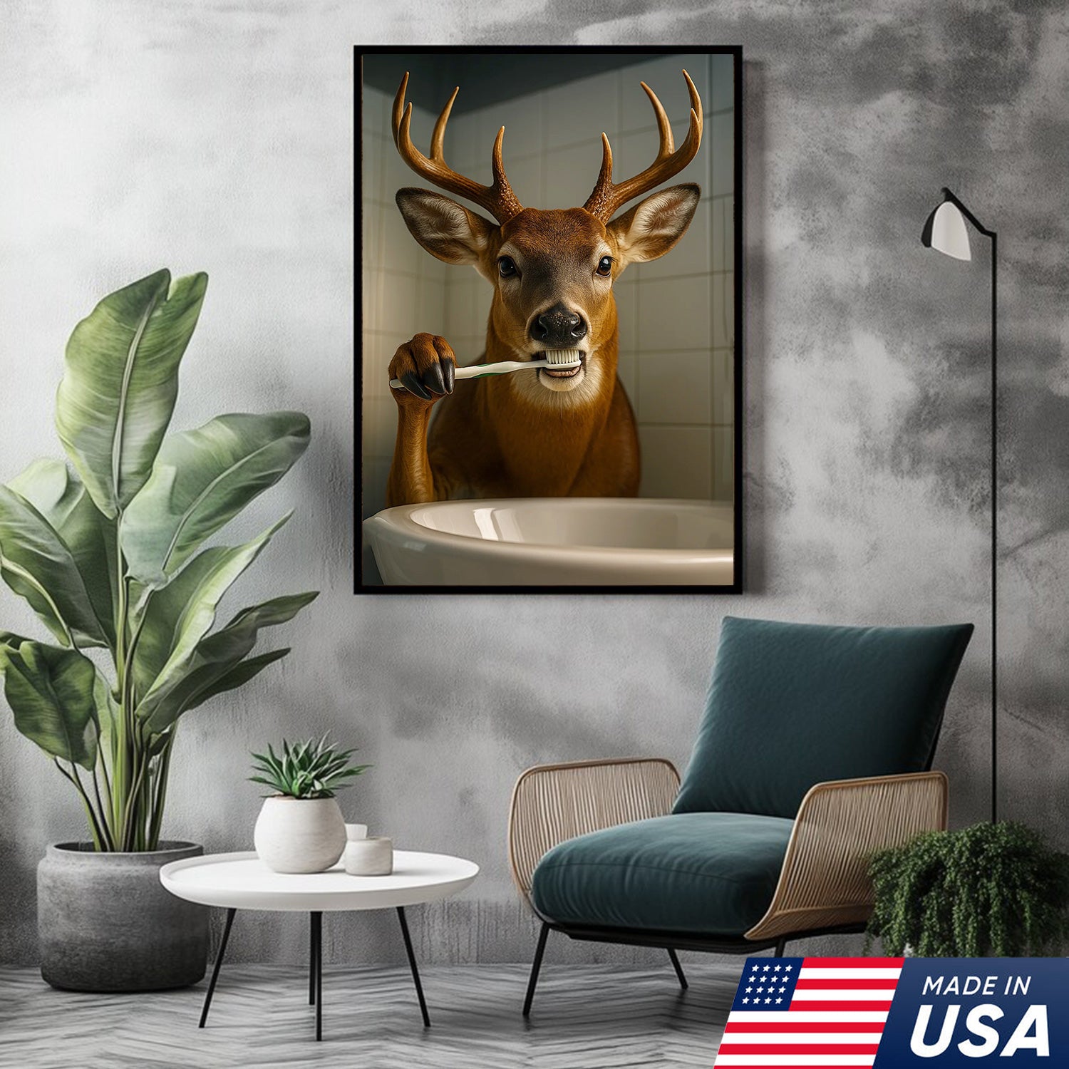 Deer Canvas Wall Art – Funny Buck Brushing Teeth Unique Bathroom Decor for Hunters