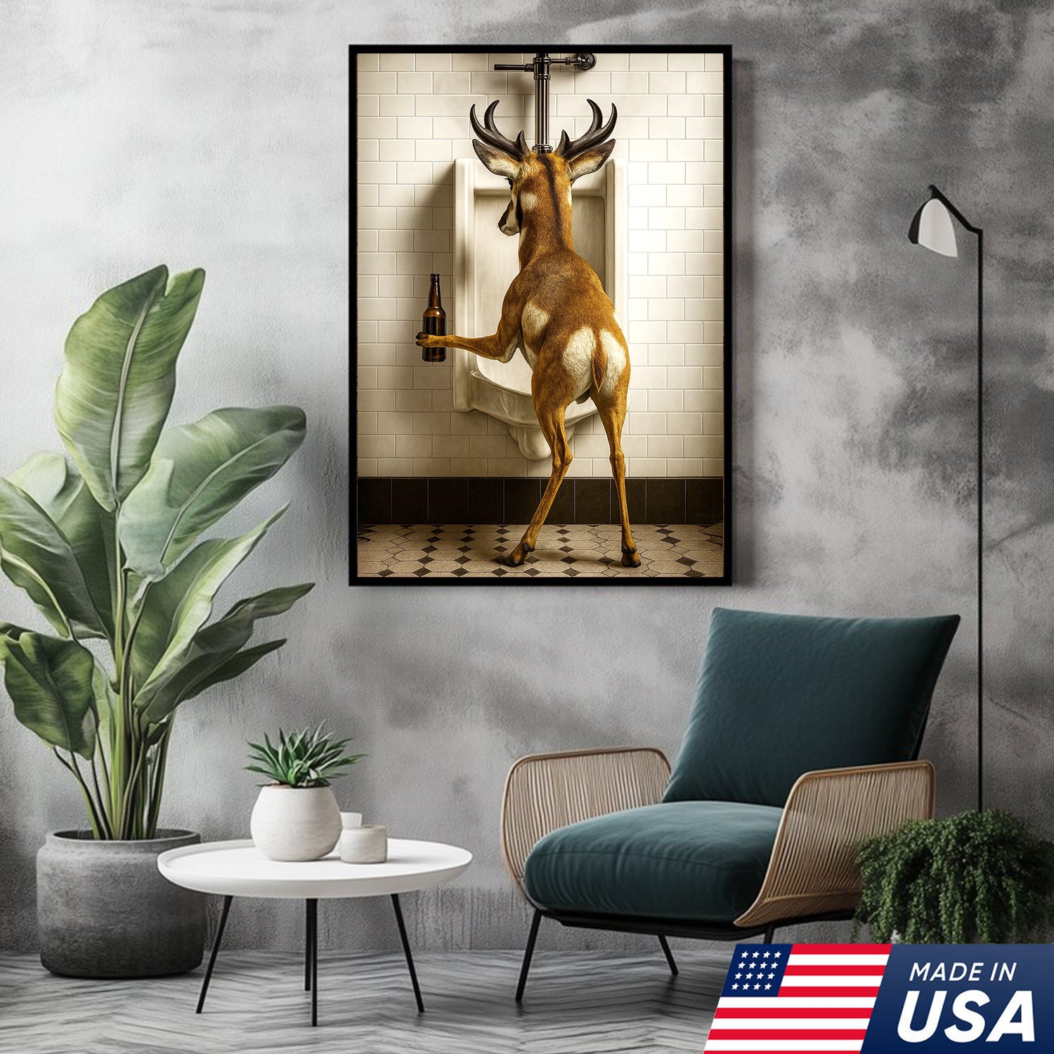 Funny Pronghorn Canvas Wall Art - Rustic Bathroom Lodge Decor for Hunters - Unique Wildlife Cabin Print