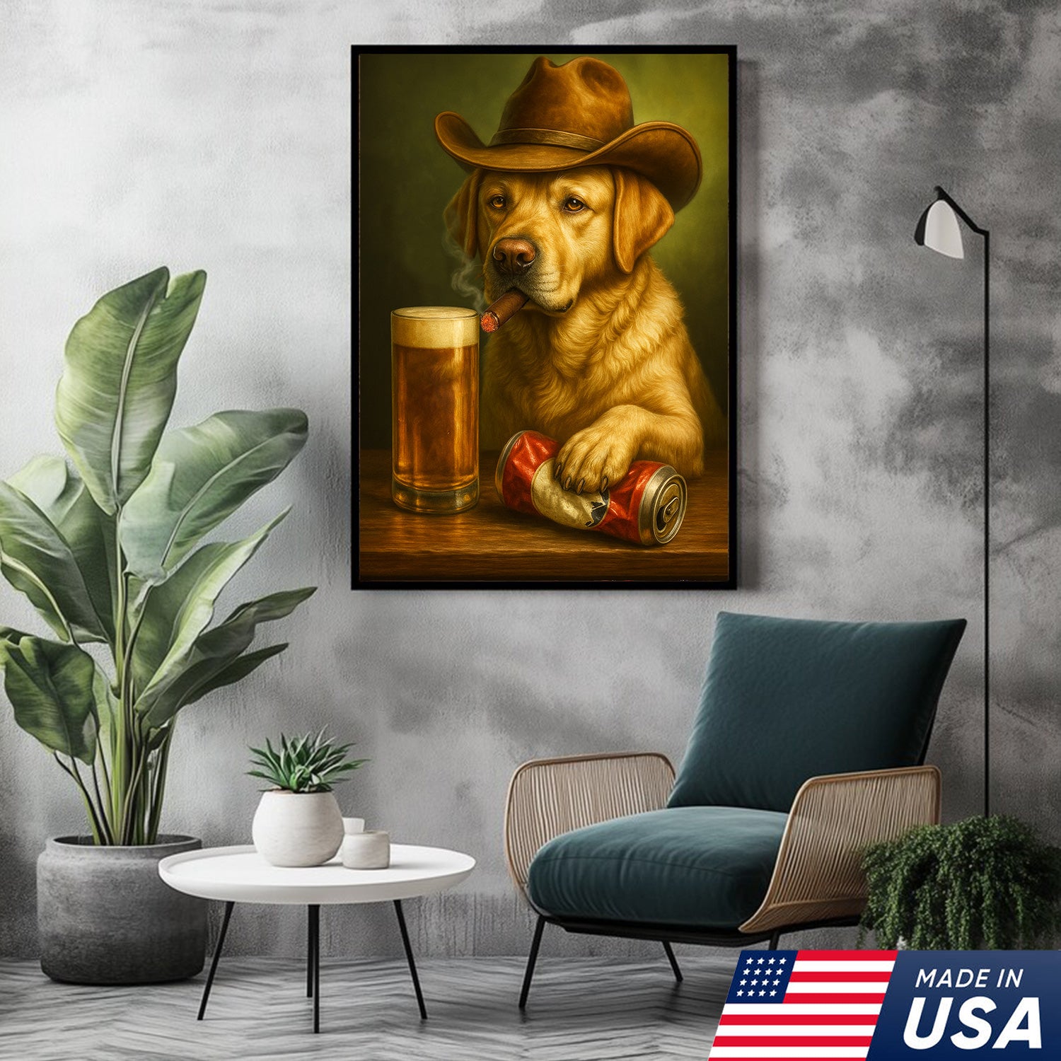 Funny Cowboy Dog Wall Art – Funny Beer & Smoking Canvas For Hunters, Bar & Man Cave Decor