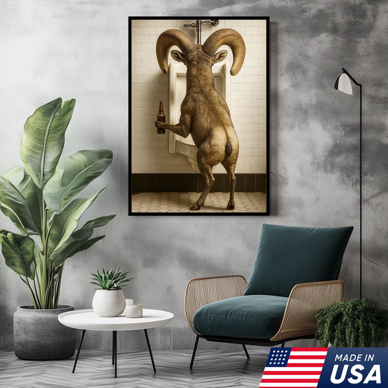 Humorous Big Horn Sheep Canvas Wall Art - Rustic Lodge Bathroom Decor for Cabin and Farmhouse - Wildlife Lover Gift