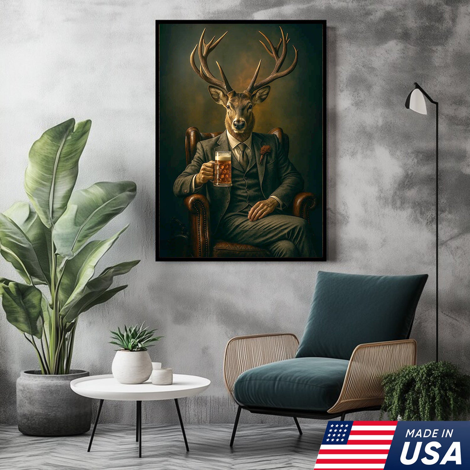 Deer Canvas Wall Art – Sophisticated Buck in Suit Holding Beer Rustic Lodge Decor for Hunters
