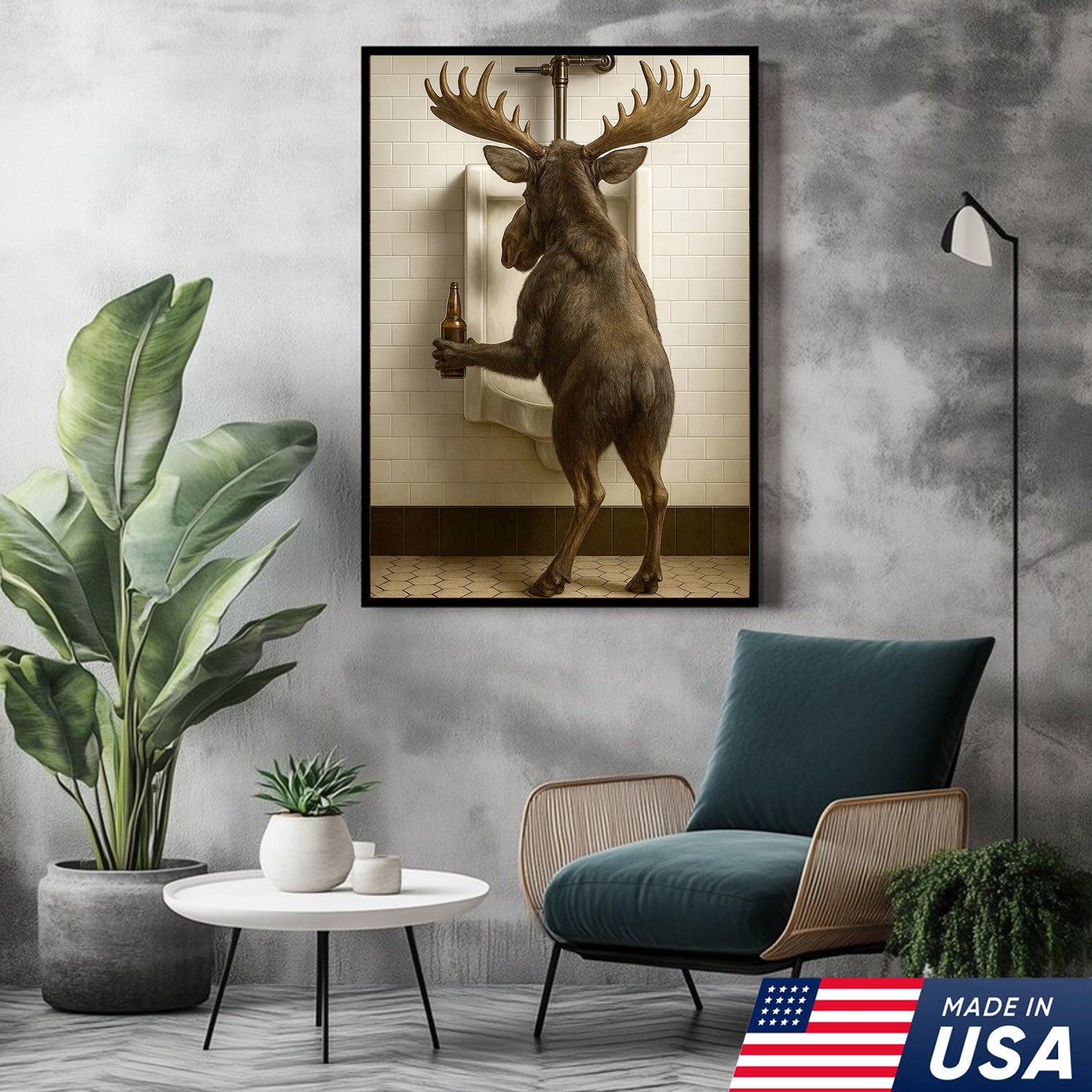 Moose Bathroom Canvas Wall Art - Funny Rustic Lodge Decor for Cabin and Hunting Enthusiasts - Wildlife Humor Print