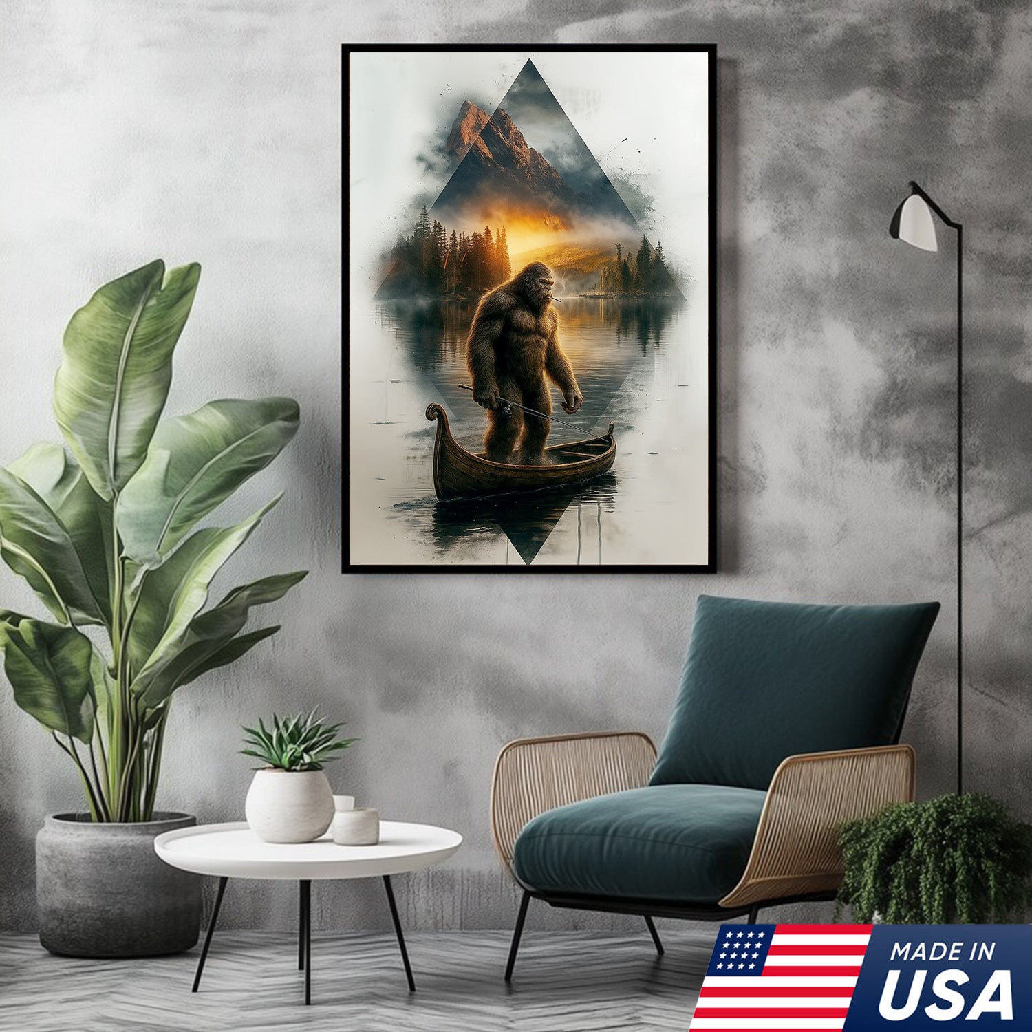 Bigfoot Fishing On Wooden Boat Adventure Canvas Wall Art – Mysterious Forest Lake Decor – Rustic Cabin & Lodge Artwork