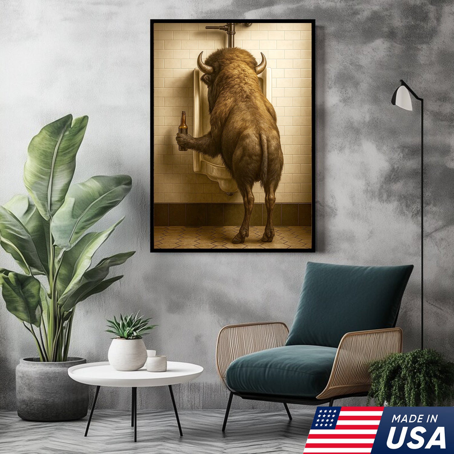 Funny Bison Canvas Wall Art - Rustic Bathroom Lodge Decor for Hunters - Unique Wildlife Cabin Print