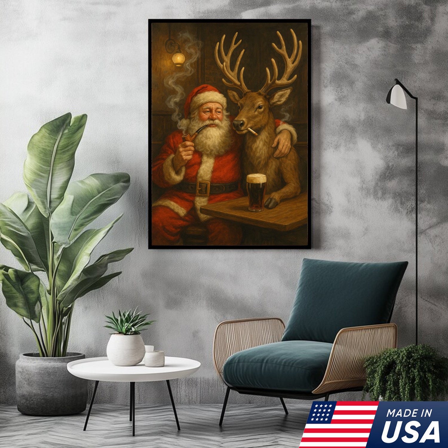 Funny Santa and Reindeer Wall Art Canvas – Rustic Christmas Lodge Decor – Holiday Deer Hunting Theme