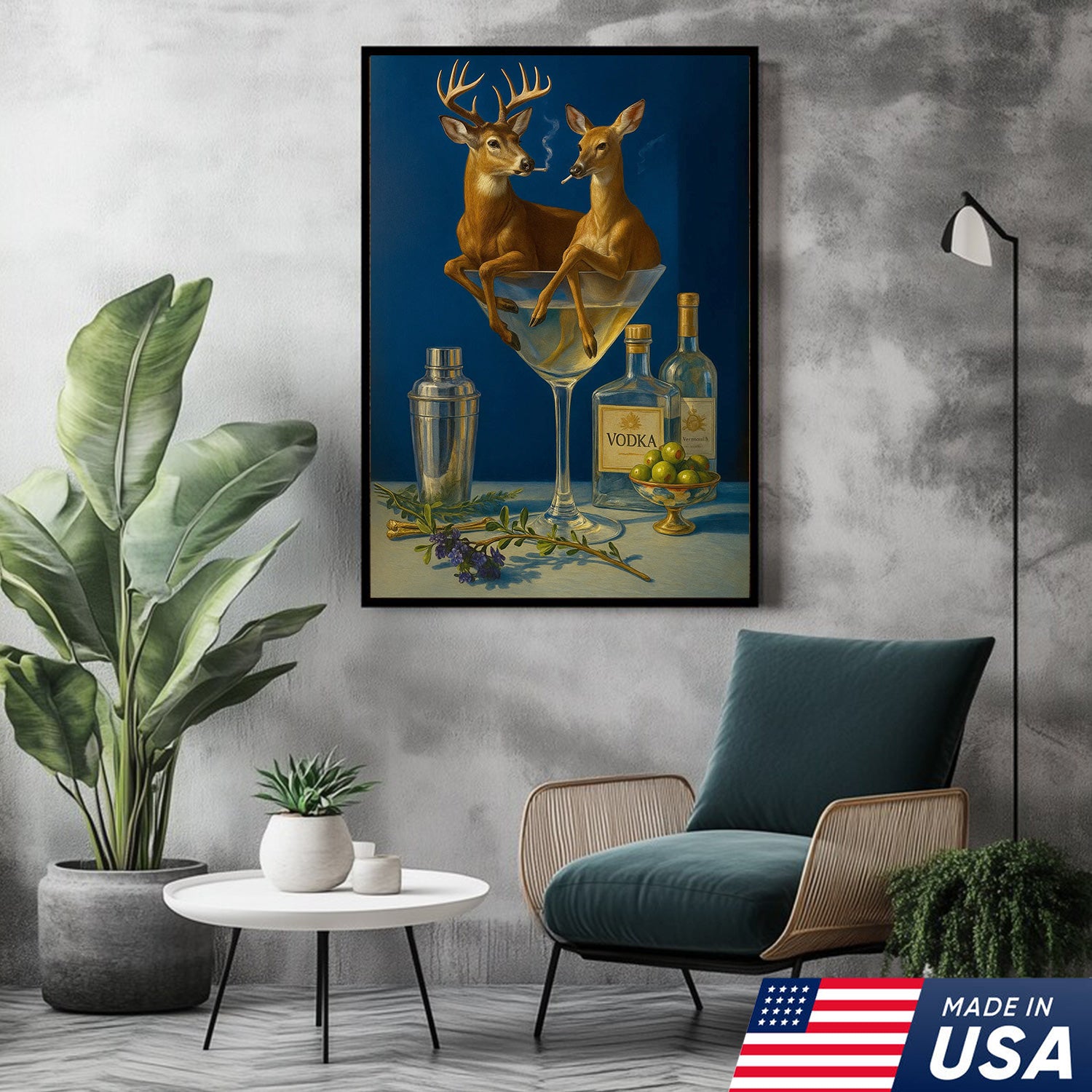 Funny Deer Couple Wall Art Canvas – Whimsical Buck and Doe in Martini Glass – Rustic Lodge Hunting Decor for Home Bar