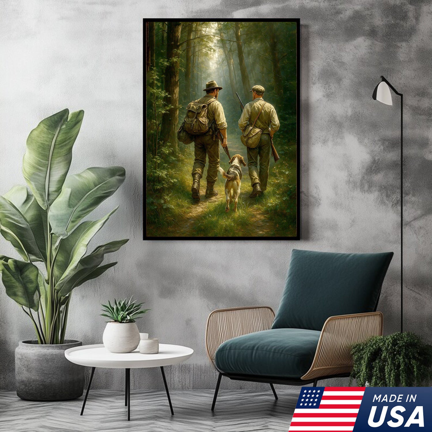 Hunting Canvas Wall Art – Hunters Walking with Dog in Forest – Rustic Cabin Decor for Lodge and Outdoor Enthusiasts