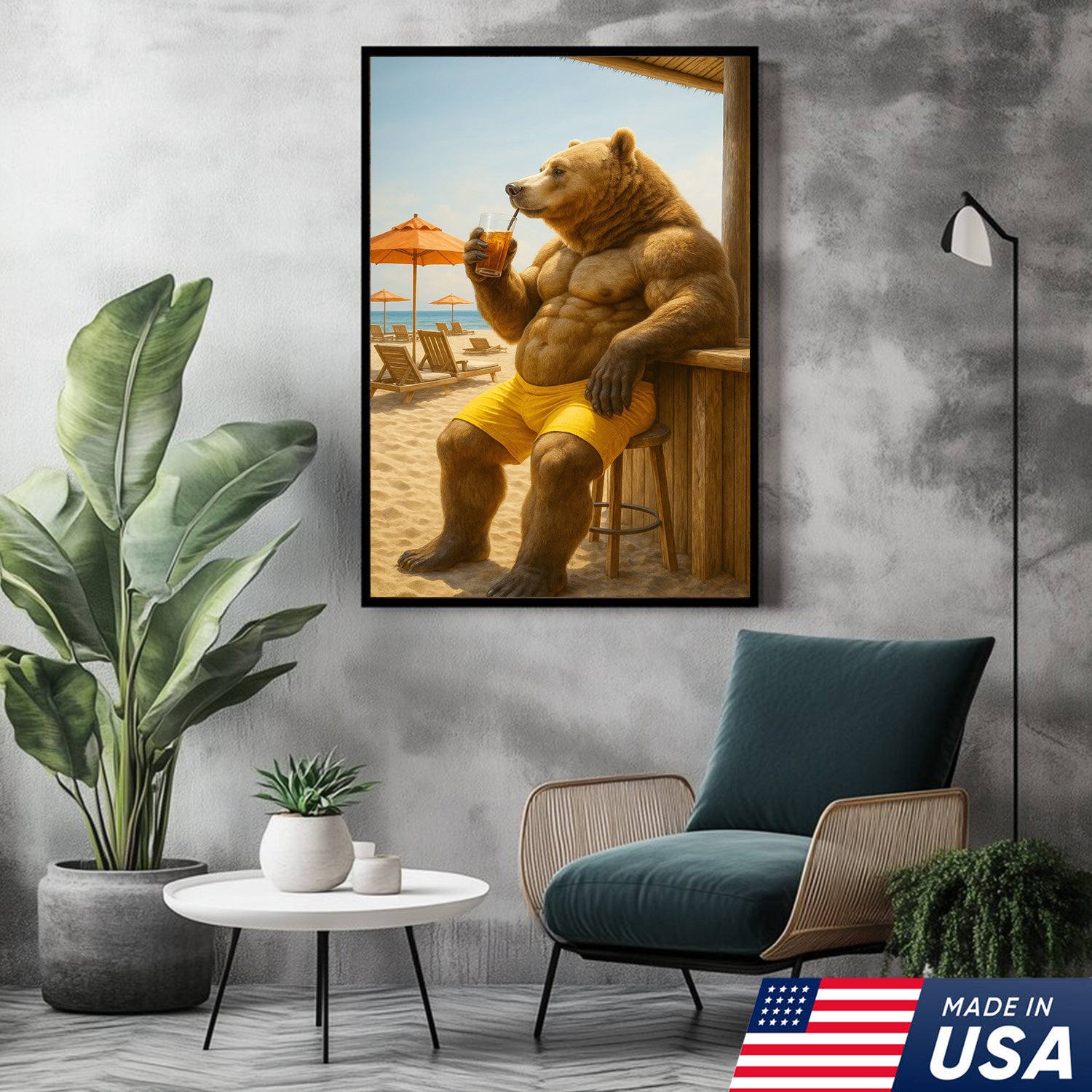 Funny Beach Bear Canvas Wall Art, Summer Vacation Animal Artwork, Humorous Muscle Bear Decor, Tropical Coastal Cabin Painting