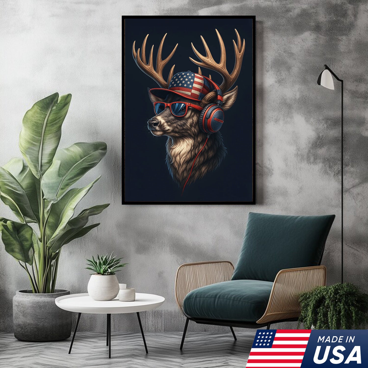 Patriotic Deer Wall Art Canvas – Cool Buck with American Flag Hat and Headphones – Rustic Hunting Lodge Decor USA