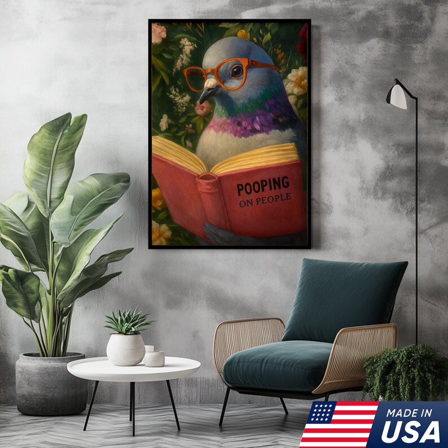 Funny Pigeon Canvas Wall Art - Reading Bird with Glasses Design - Quirky Animal Artwork for Home Decor