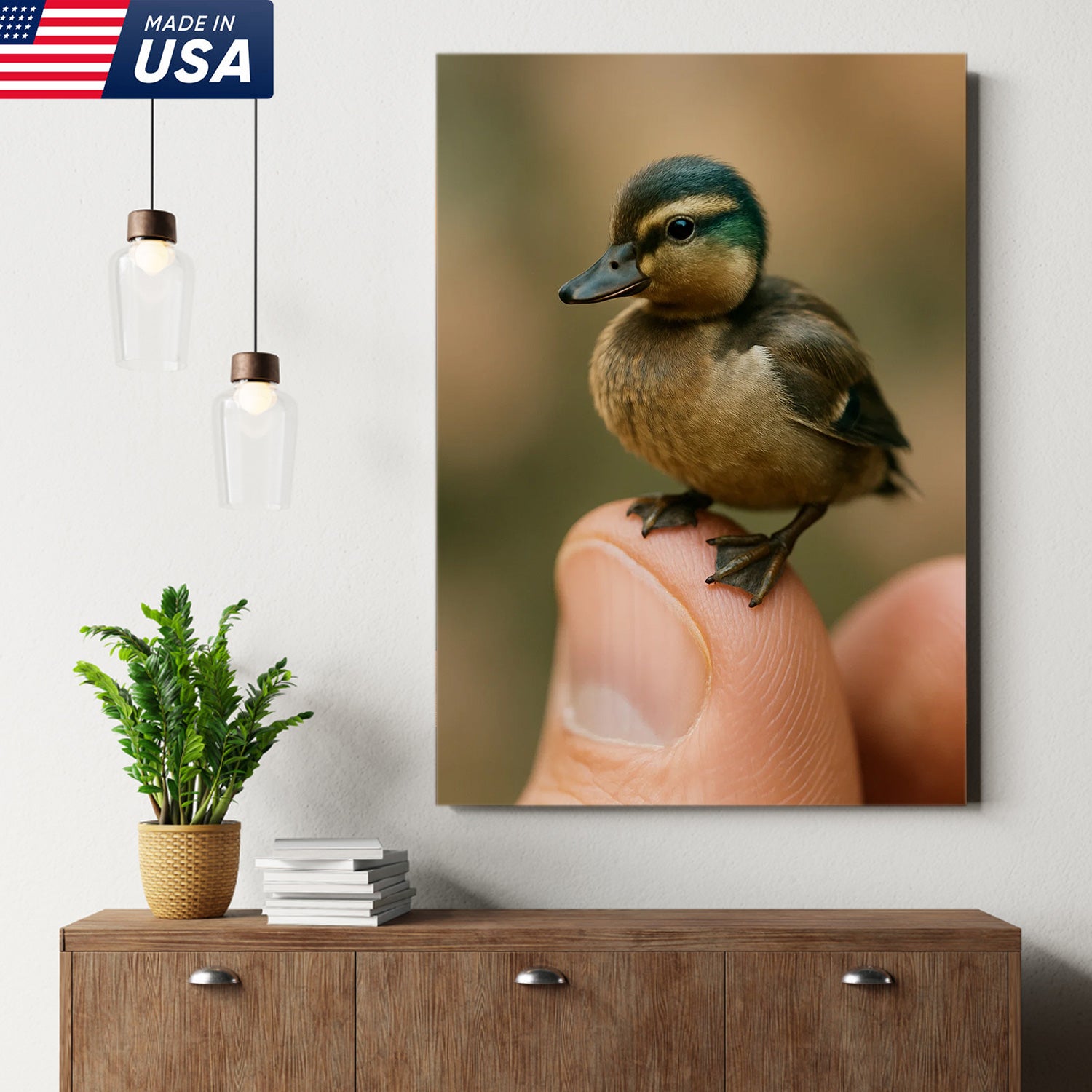 Cute Baby Duck Canvas Wall Art - Adorable Duckling Perched on Finger - Nature Wildlife Artwork for Home Decor