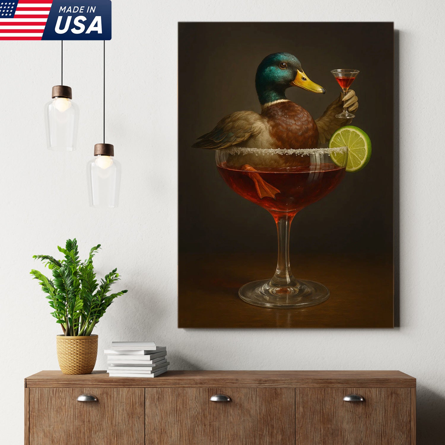 Funny Mallard Duck Canvas Wall Art - Quirky Animal in Cocktail Glass Design - Unique Wildlife Artwork for Home Decor