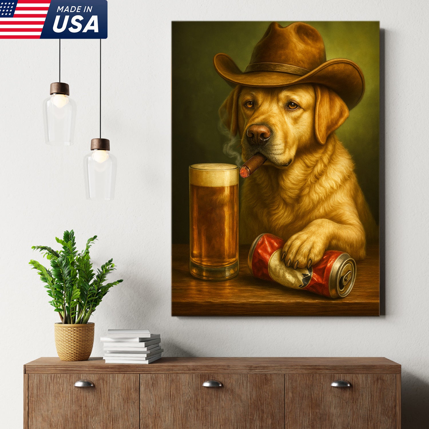Funny Cowboy Dog Wall Art – Funny Beer & Smoking Canvas For Hunters, Bar & Man Cave Decor
