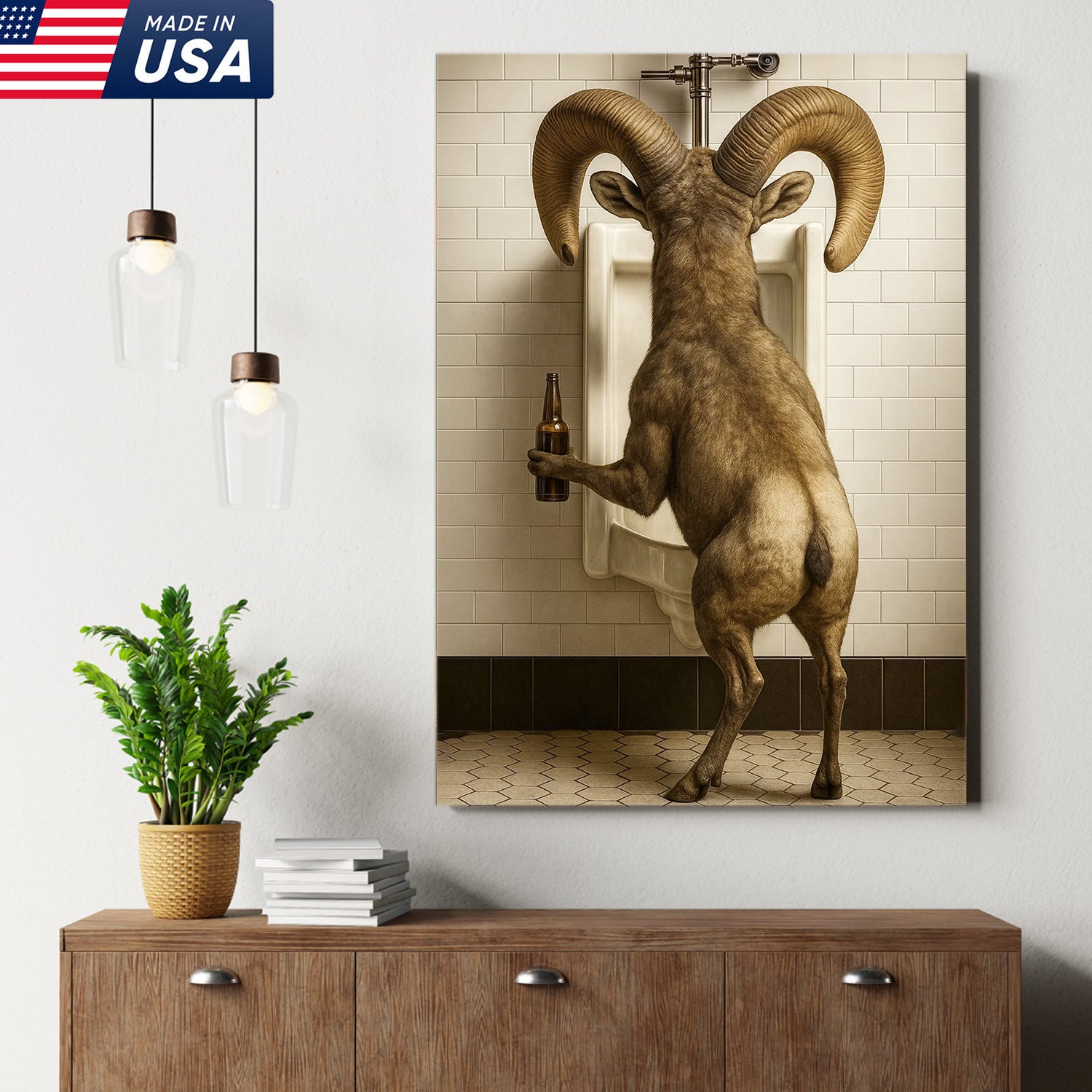 Humorous Big Horn Sheep Canvas Wall Art - Rustic Lodge Bathroom Decor for Cabin and Farmhouse - Wildlife Lover Gift