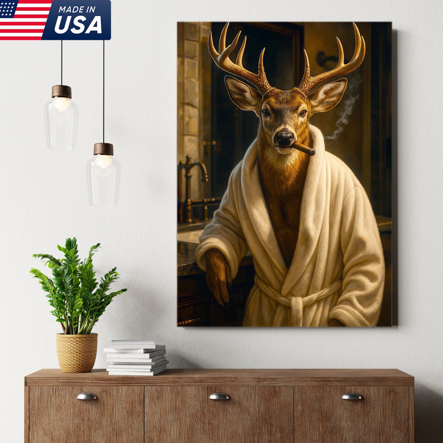 Deer Canvas Wall Art – Stylish Buck in Bathrobe Smoking Cigar Rustic Bathroom Decor for Hunters
