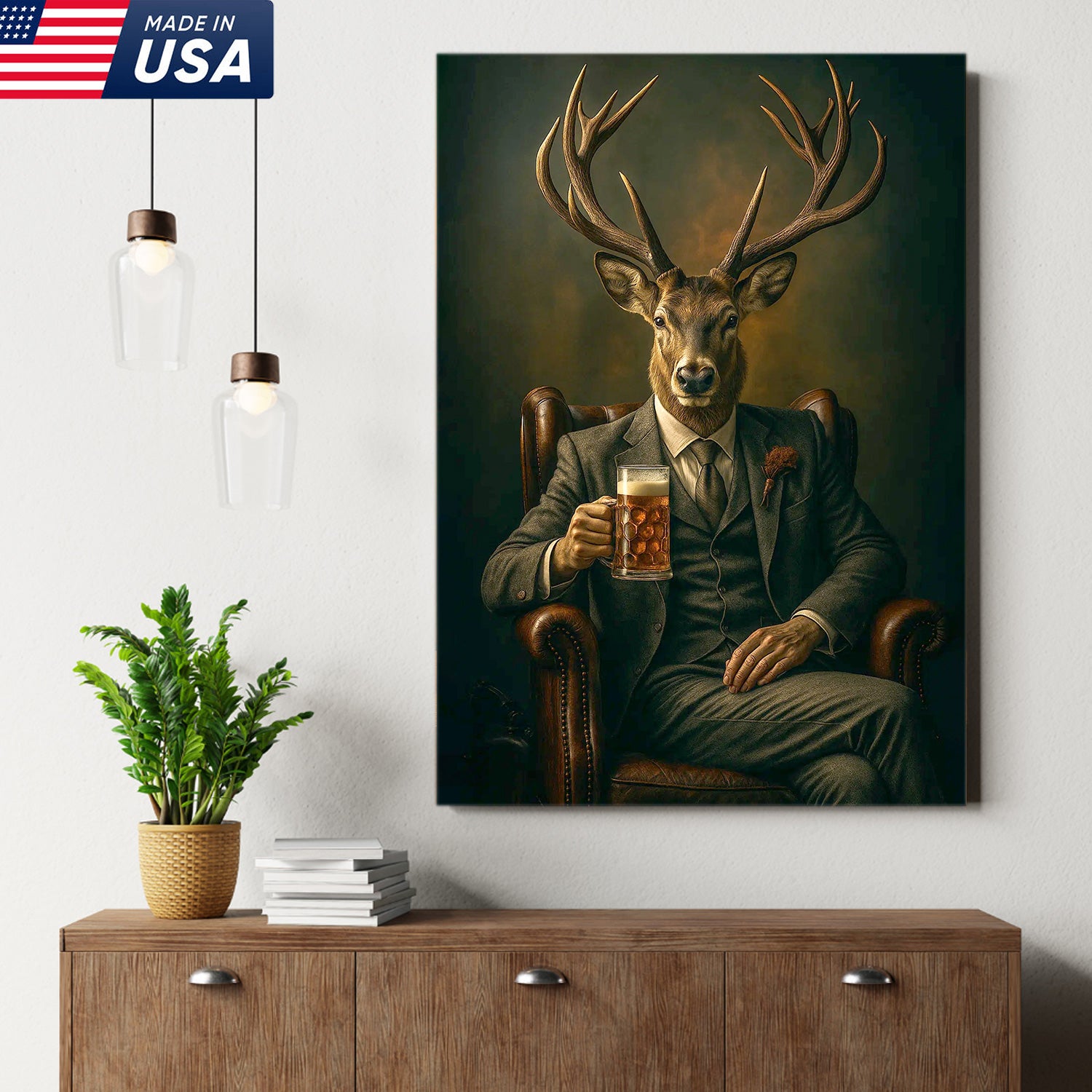 Deer Canvas Wall Art – Sophisticated Buck in Suit Holding Beer Rustic Lodge Decor for Hunters