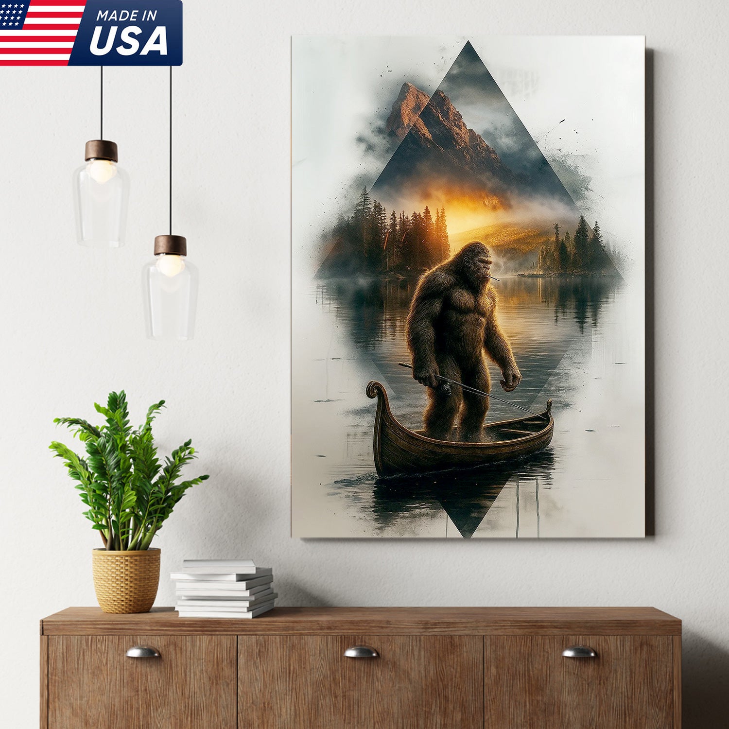Bigfoot Fishing On Wooden Boat Adventure Canvas Wall Art – Mysterious Forest Lake Decor – Rustic Cabin & Lodge Artwork