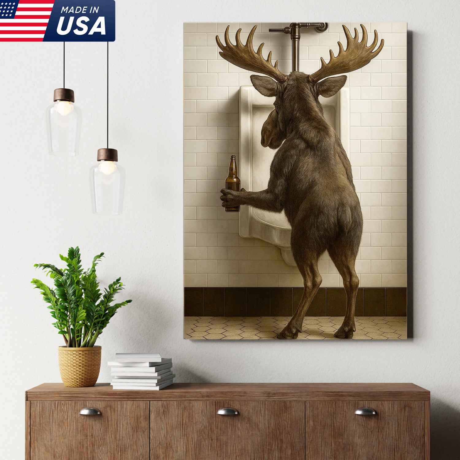 Moose Bathroom Canvas Wall Art - Funny Rustic Lodge Decor for Cabin and Hunting Enthusiasts - Wildlife Humor Print