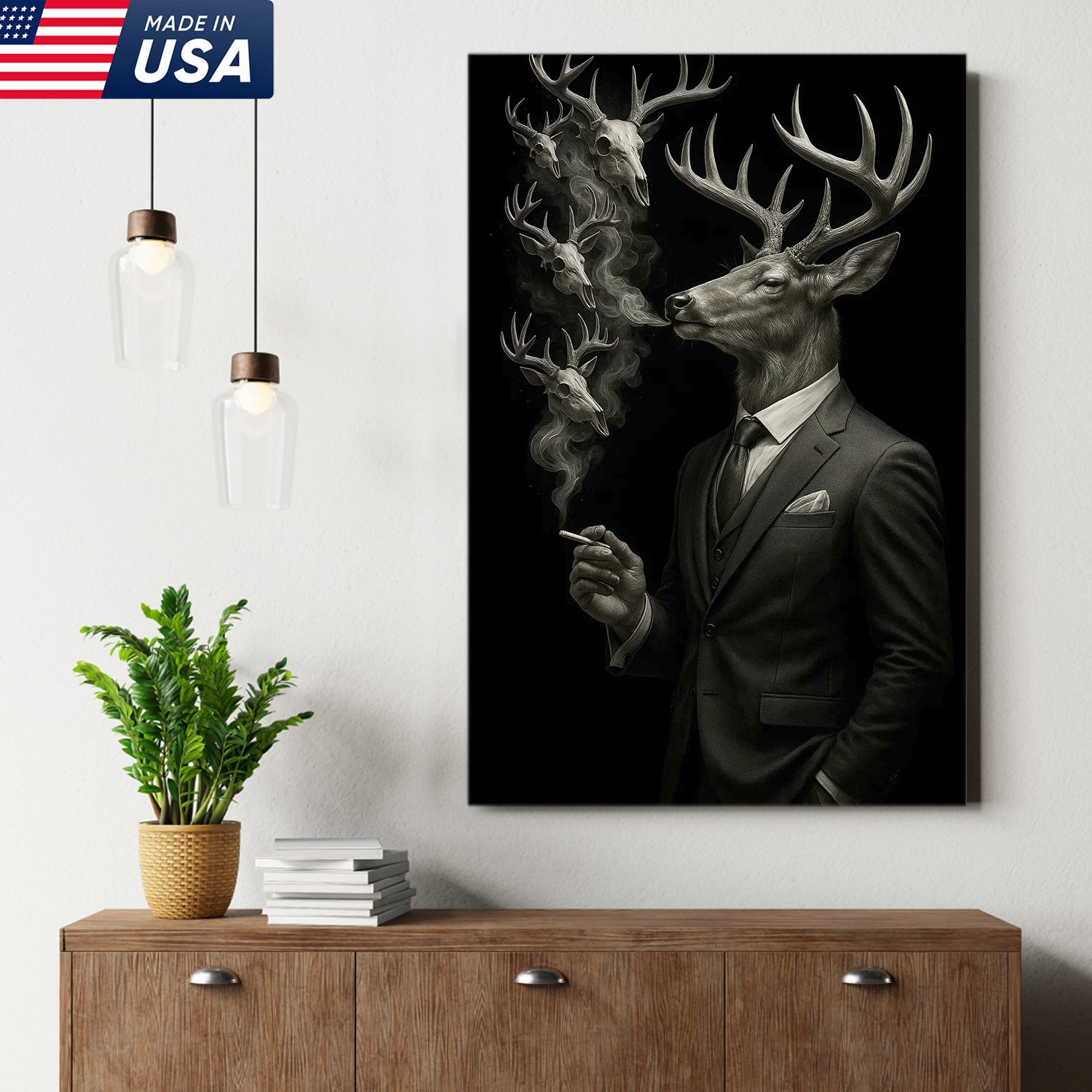 Gentleman Deer Canvas Wall Art, Elegant Buck in Suit Artwork, Rustic Cabin Decor for Hunters, Modern Wildlife Portrait Painting