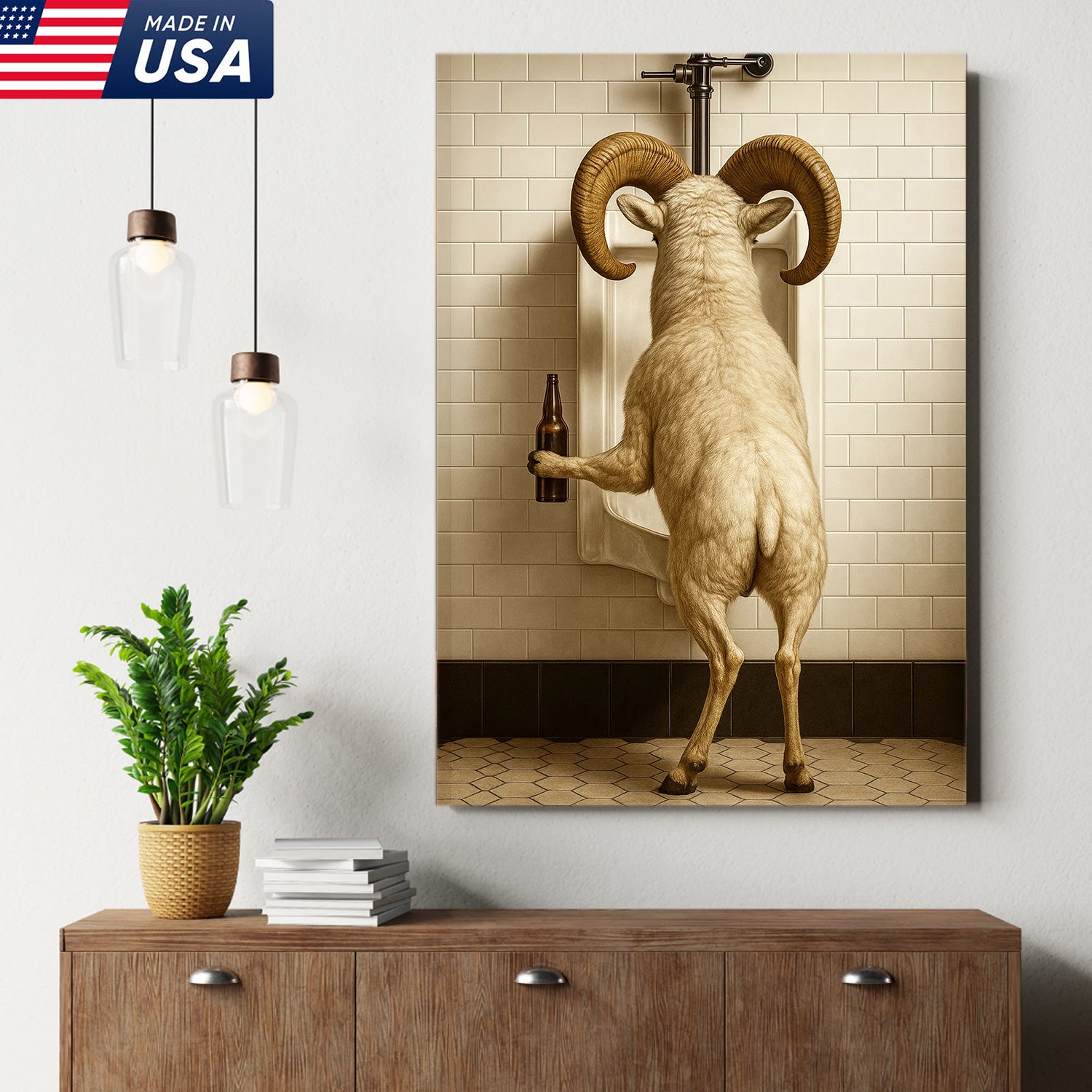 Whimsical Dall Sheep Canvas Wall Art - Funny Rustic Bathroom Decor for Cabin, Farmhouse, and Lodge - Wildlife Humor Print
