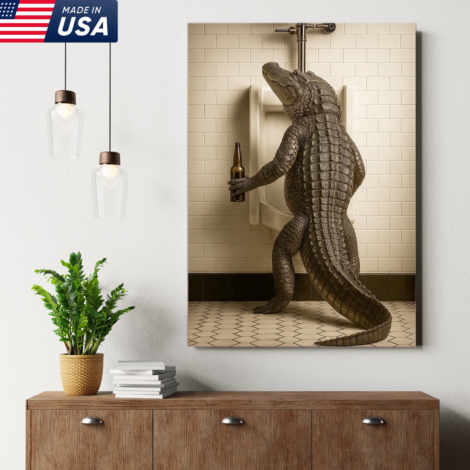 Alligator Bathroom Canvas Wall Art - Funny Rustic Lodge Decor for Cabin, Bar, and Wildlife Lovers - Unique Gator Print